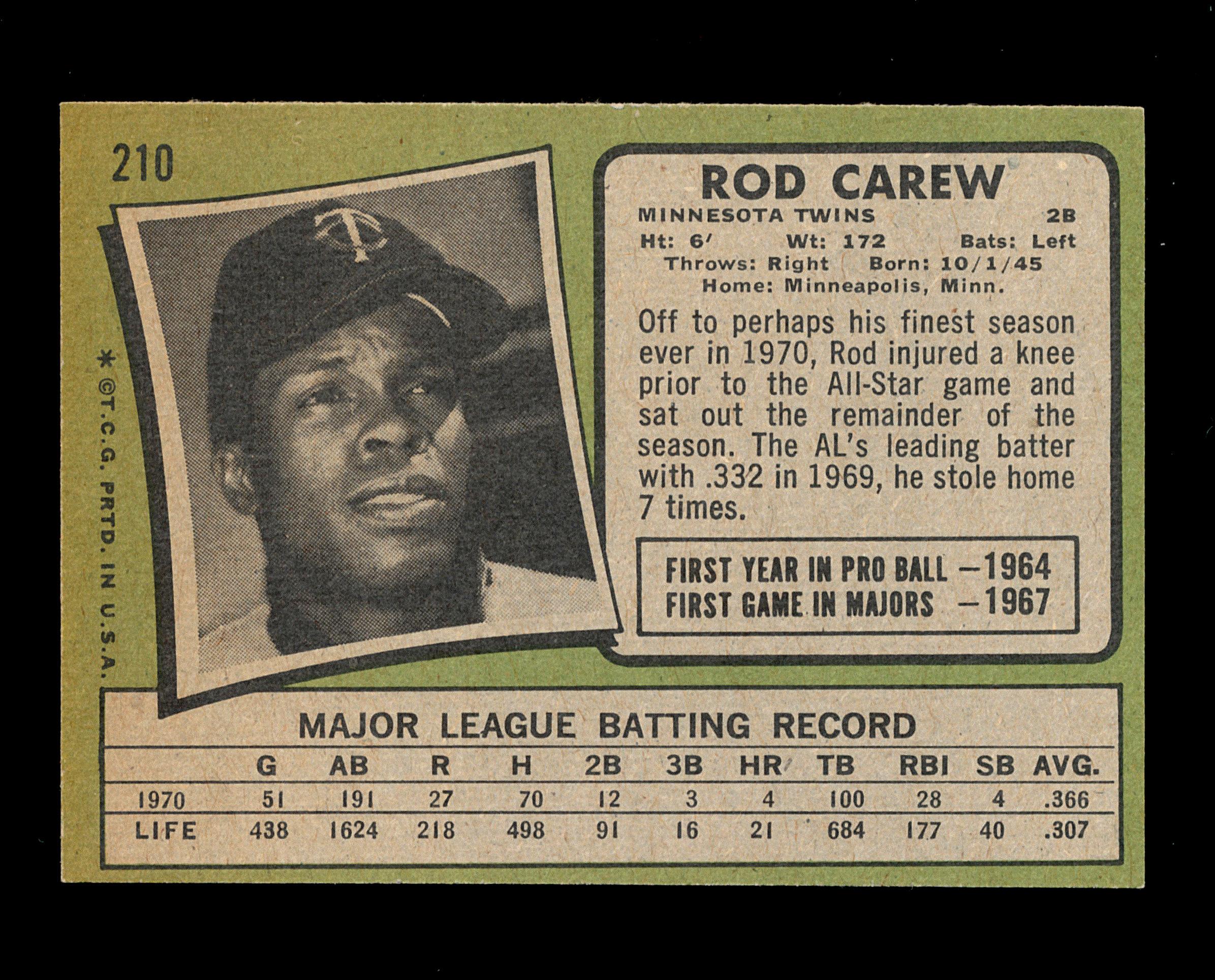 1971 Topps Baseball Card #210 Hall of Famer Rod Carew Minnesota Twins