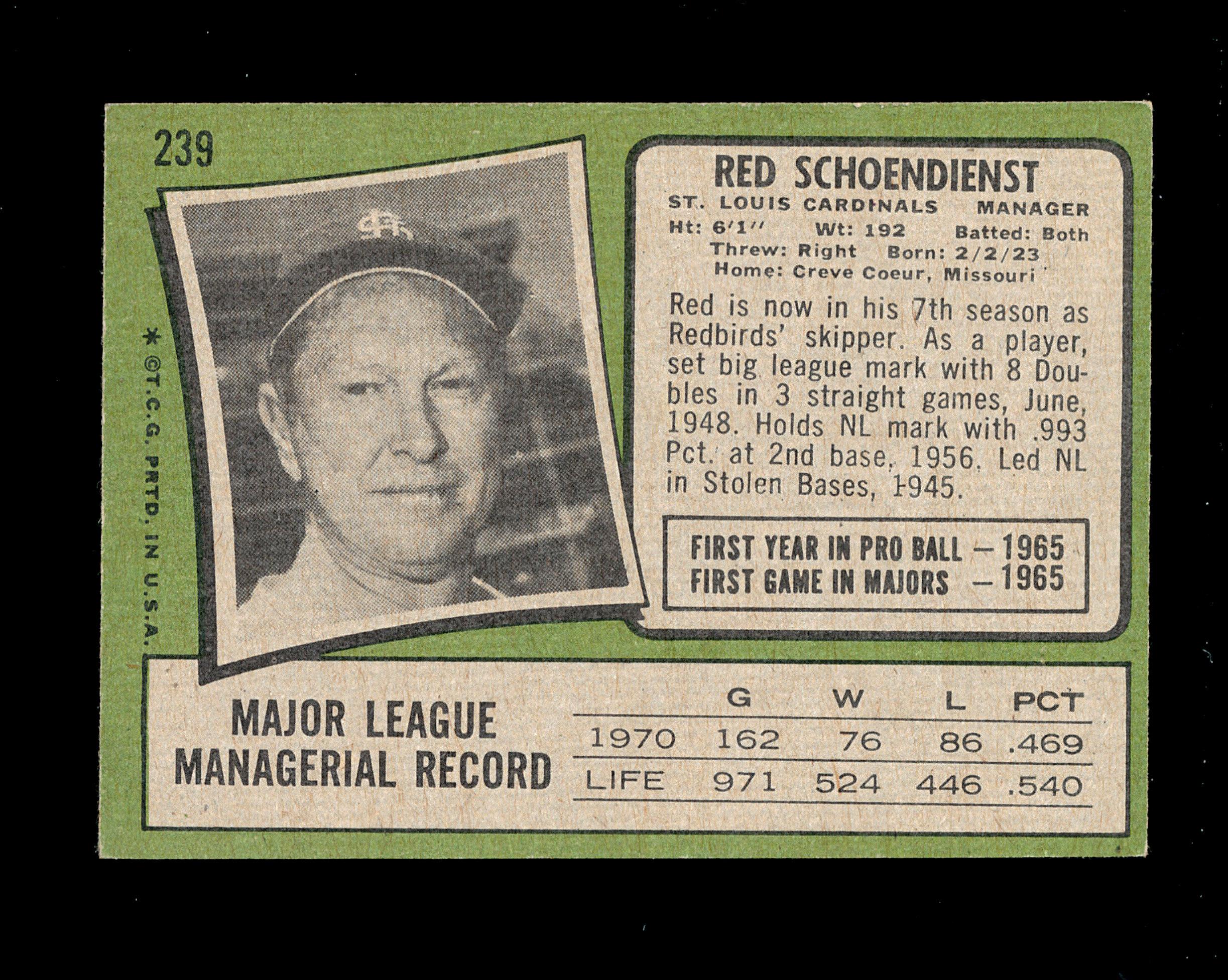 1971 Topps Baseball Card #239 Hall of Famer Red Schoendienst St Louis Cardi