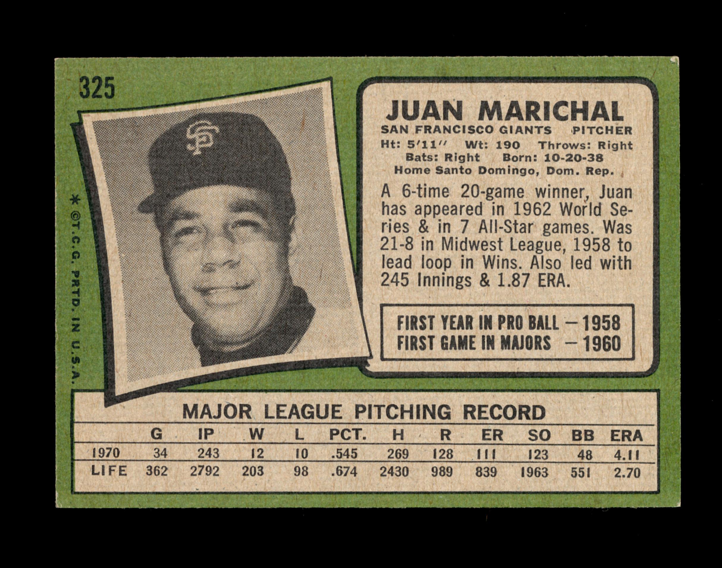 1971 Topps Baseball Card #325 Hall of Famer Juan Marichal San Francisco Gia