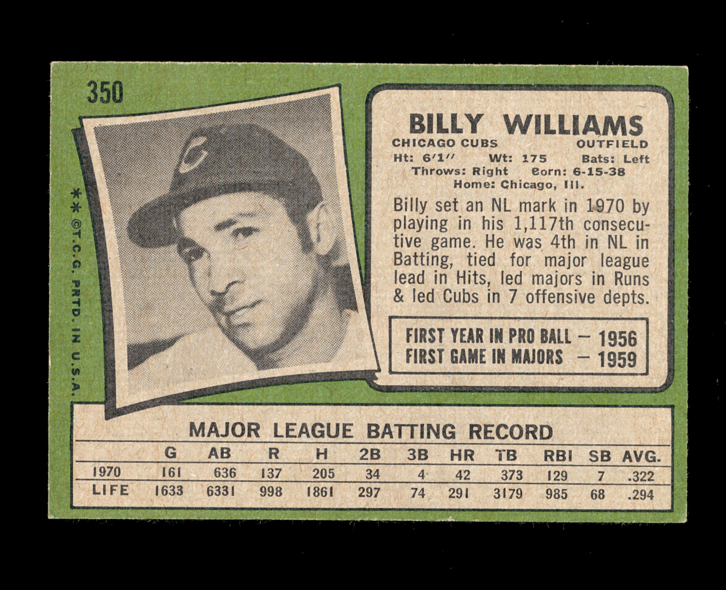 1971 Topps Baseball Card #350 Hall of Famer Billy Williams Chicago Cubs