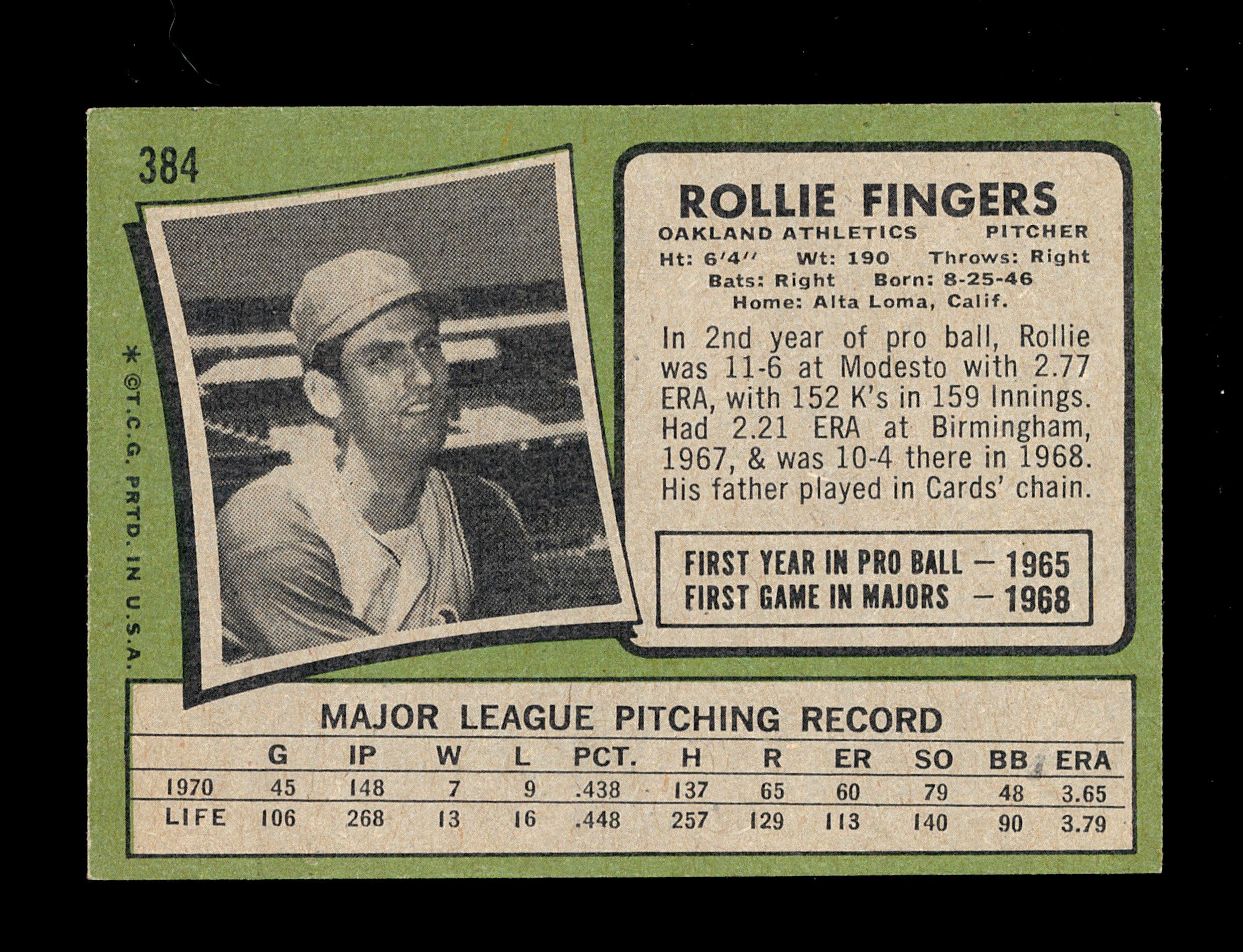 1971 Topps Baseball Card #384 Hall of Famer Rollie Fingers Oakland Athletic