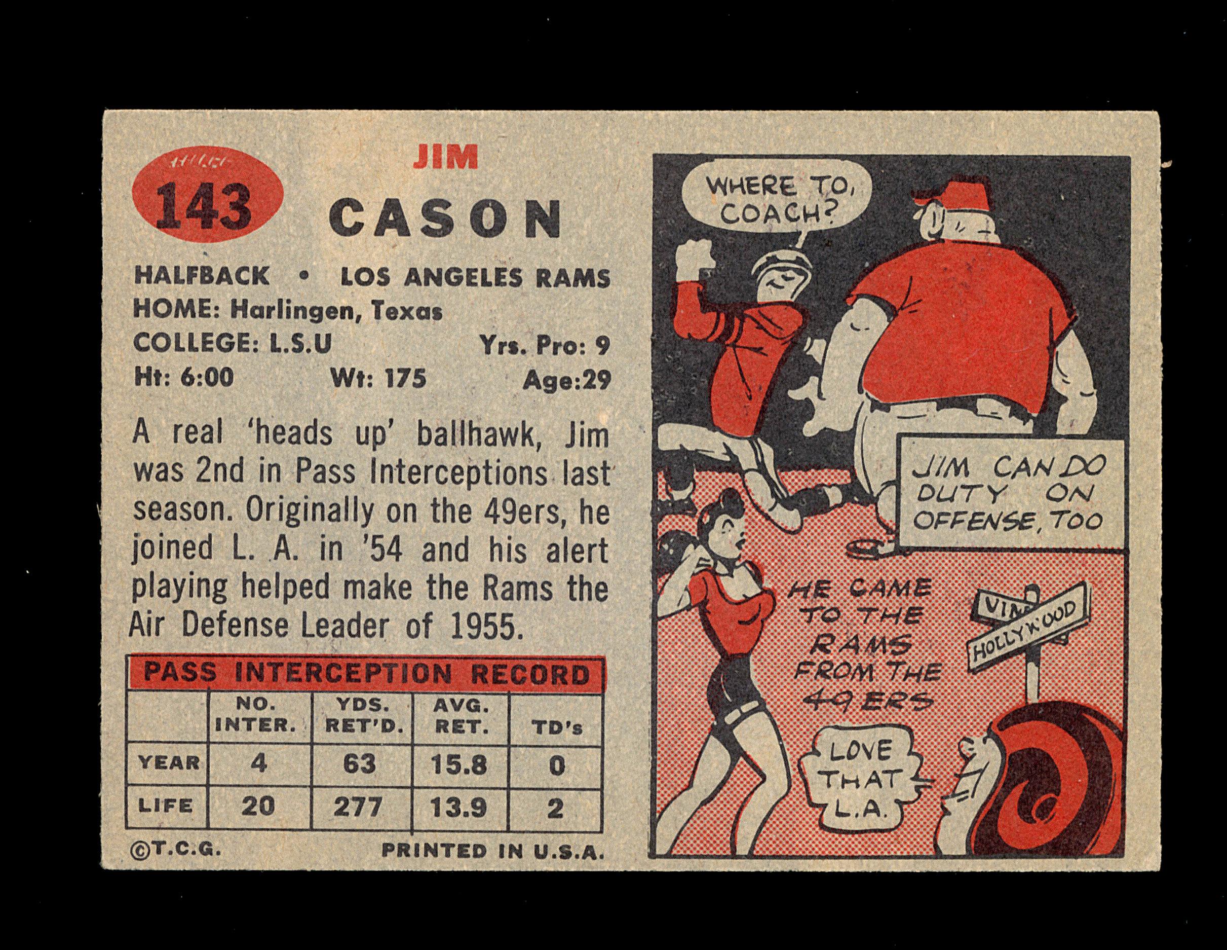 1957 Topps Football Card #143 Jim Cason Los Angeles Rams