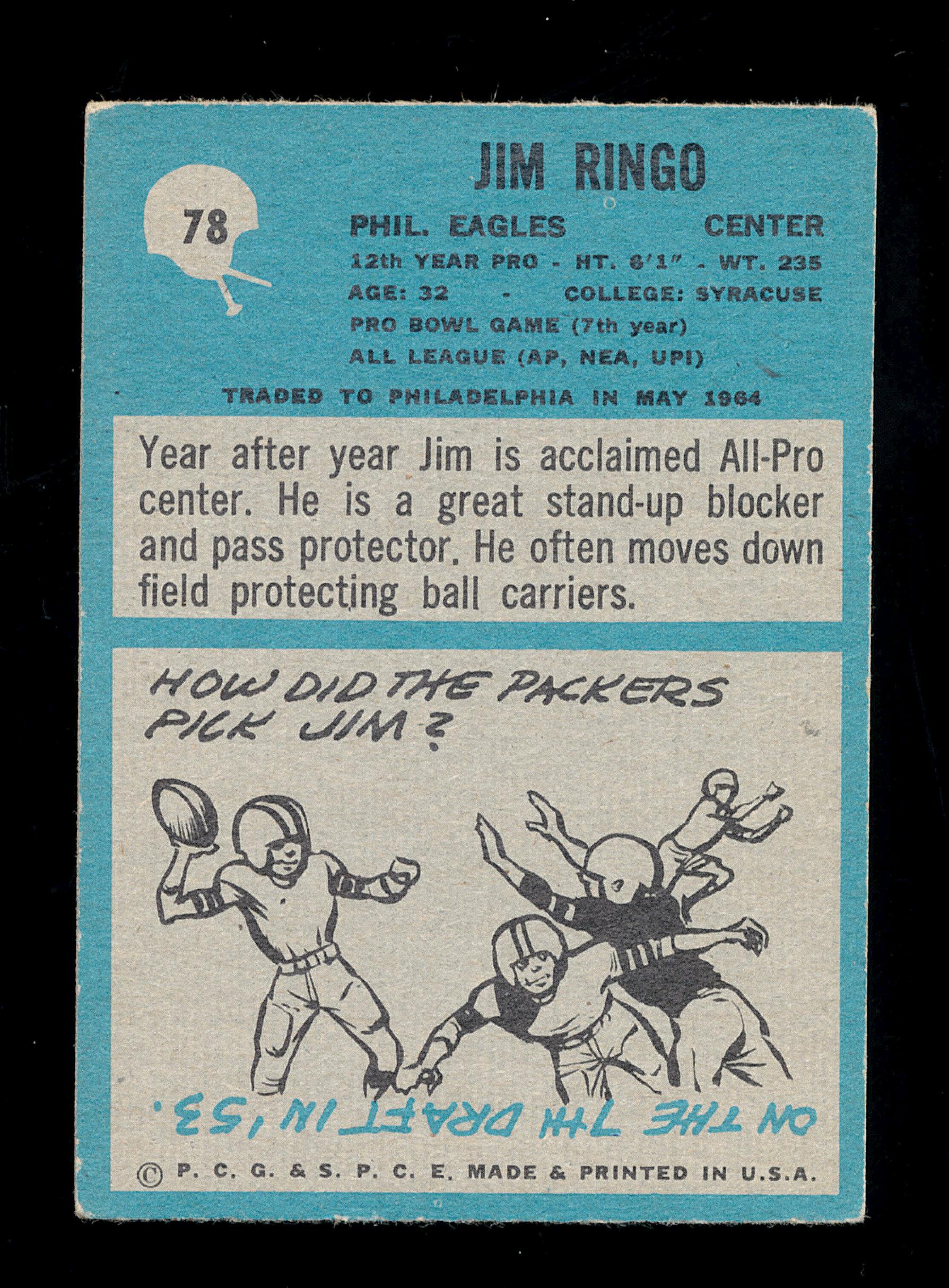 1964 Philadelphia Football Card #78 Hall of Famer Jim Ringo Green Bay Packe