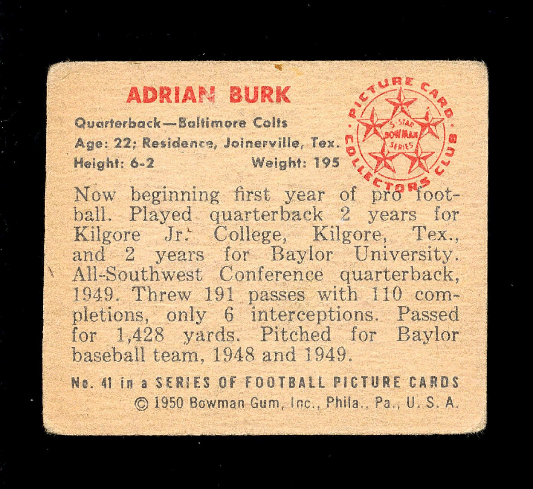 1950 Bowman Football Card #41 Adrian Burk Baltimore Colts.