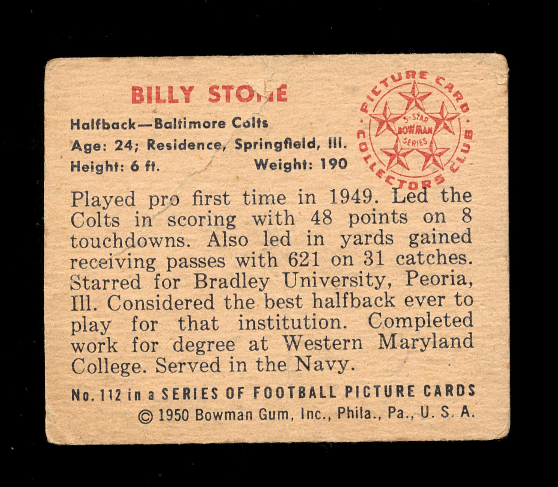 1950 Bowman Football Card #112 Billy Stone Baltimore Colts.