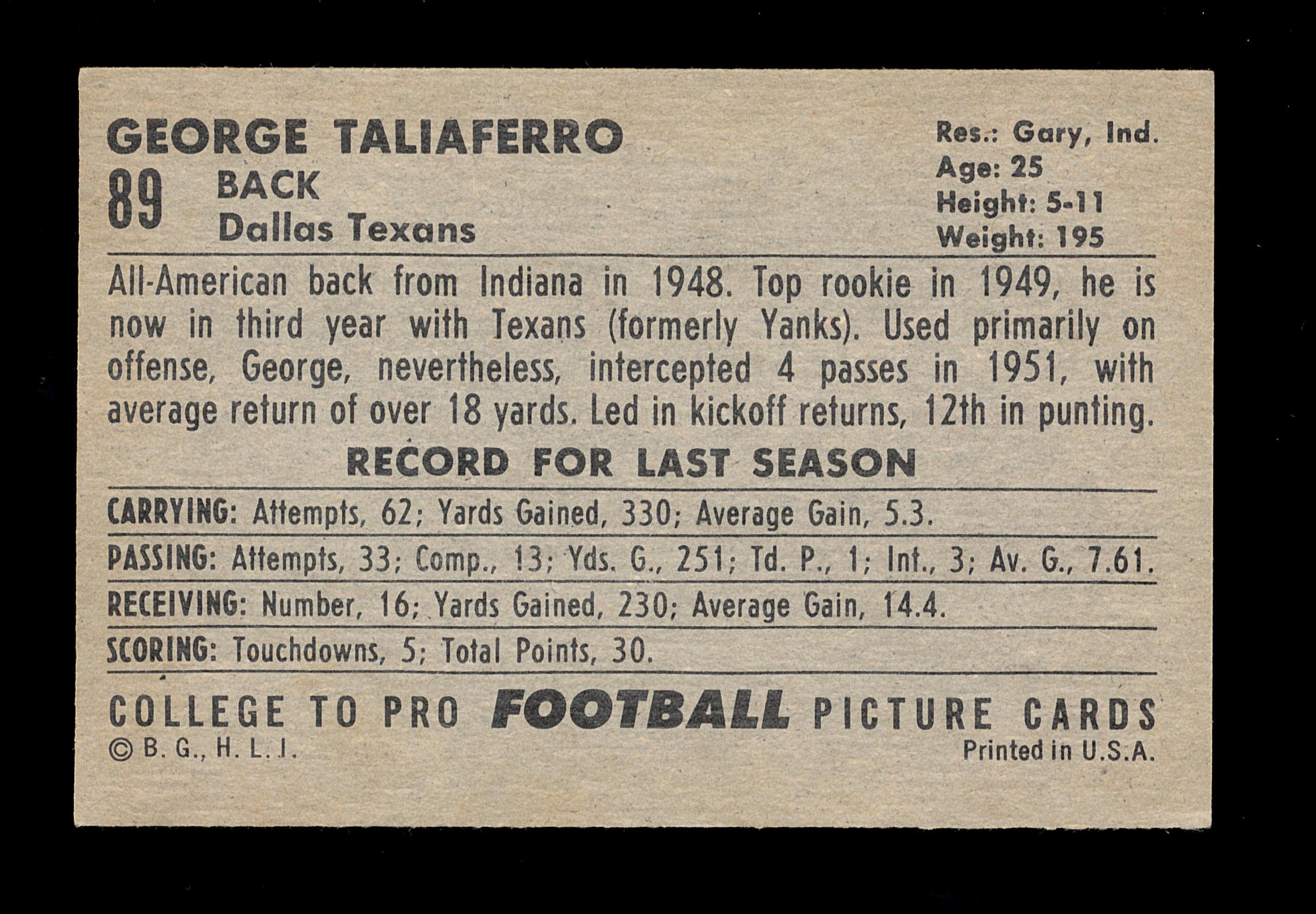 1952 Bowman Large Football Card #89 George Taliaferro Dallas Texans.