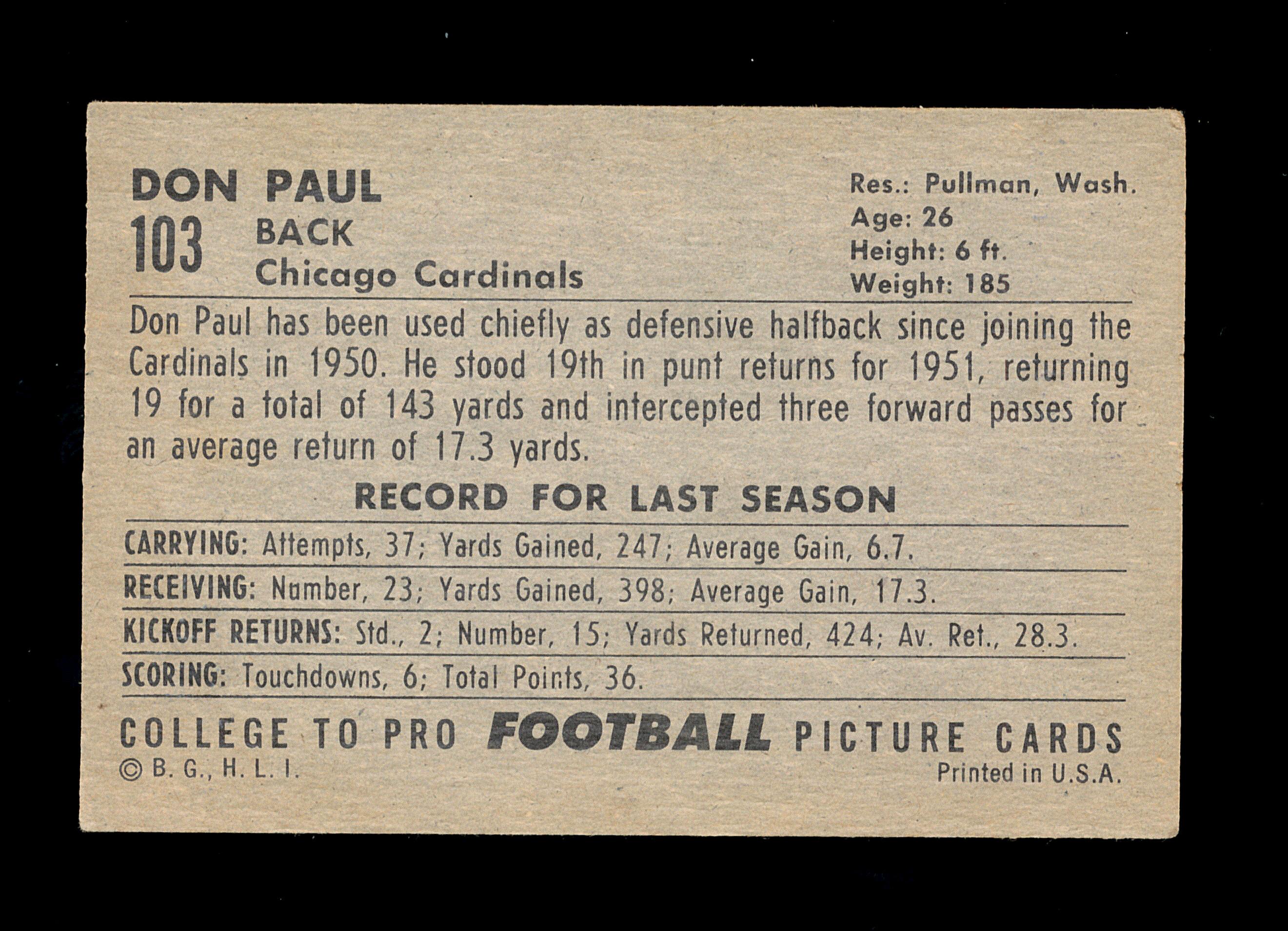 1952 Bowman Large Football Card #103 Don Paul Chicago Cardinals.