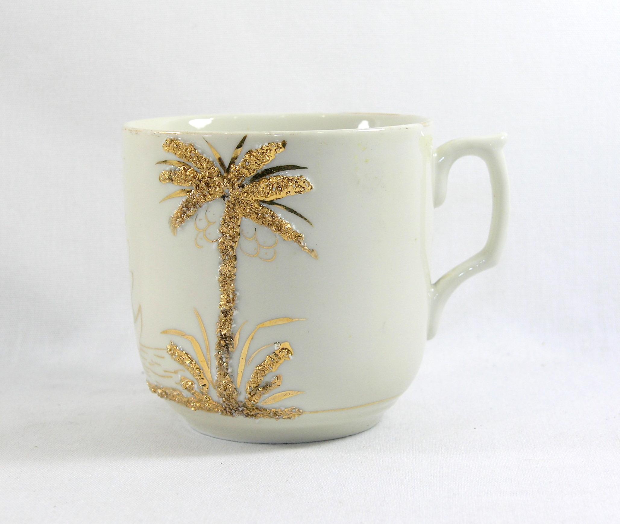 Vintage Gold Palm Tree and Sailboat Mustache Mug.