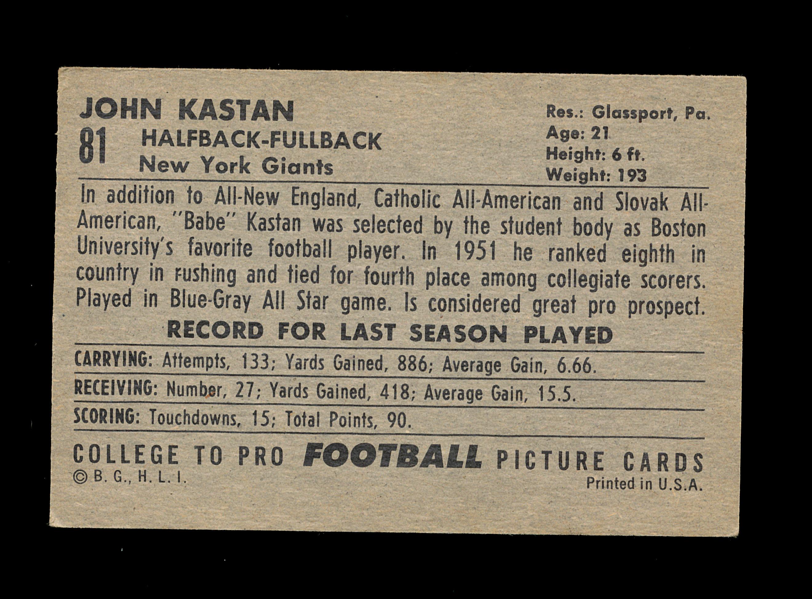 1952 Bowman Large ROOKIE Football Card #81 Rookie Jack Kastan New York Gian