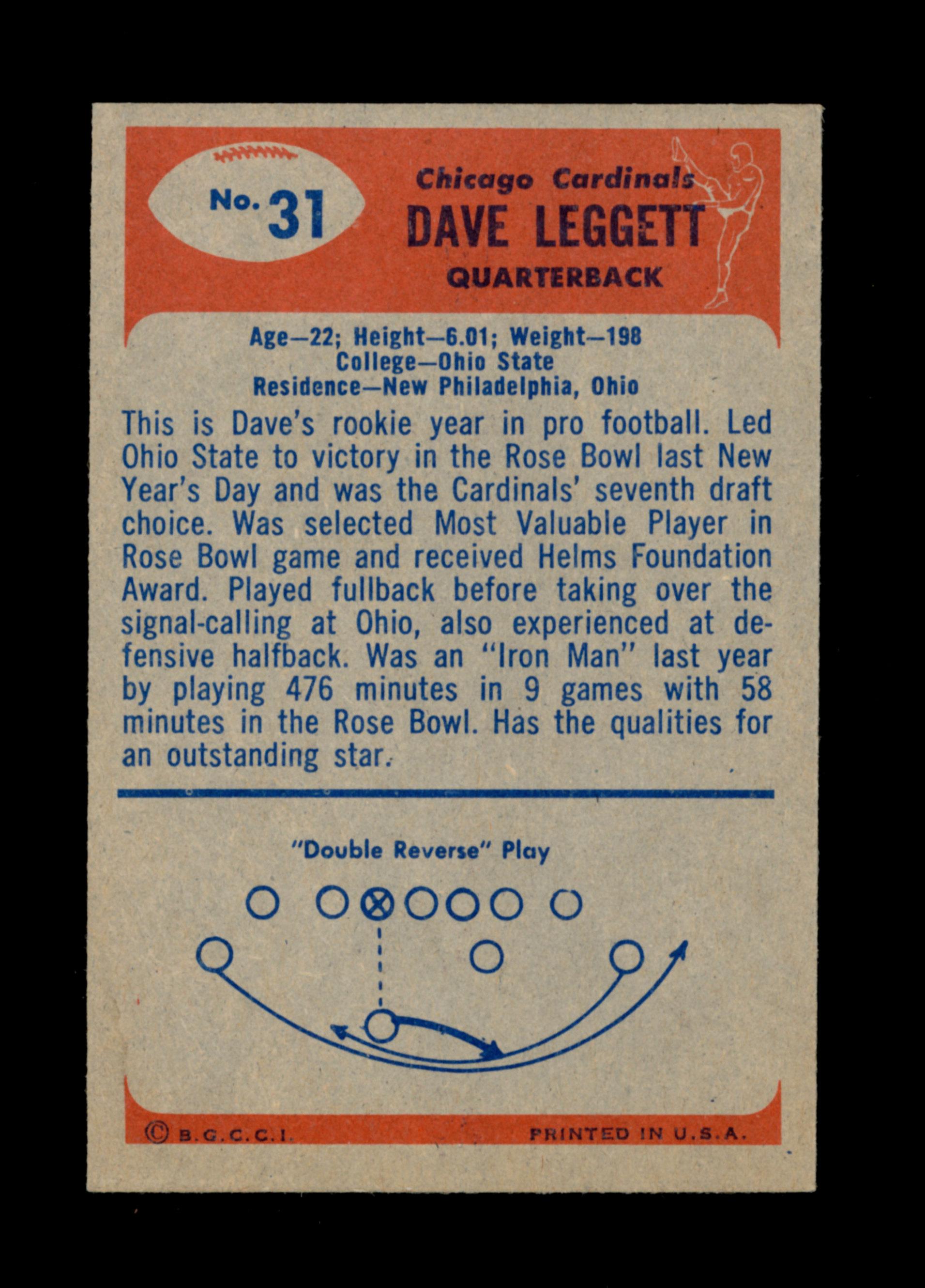 1955 Bowman Football Card #31 Dave Leggett Chicago Cardinals.