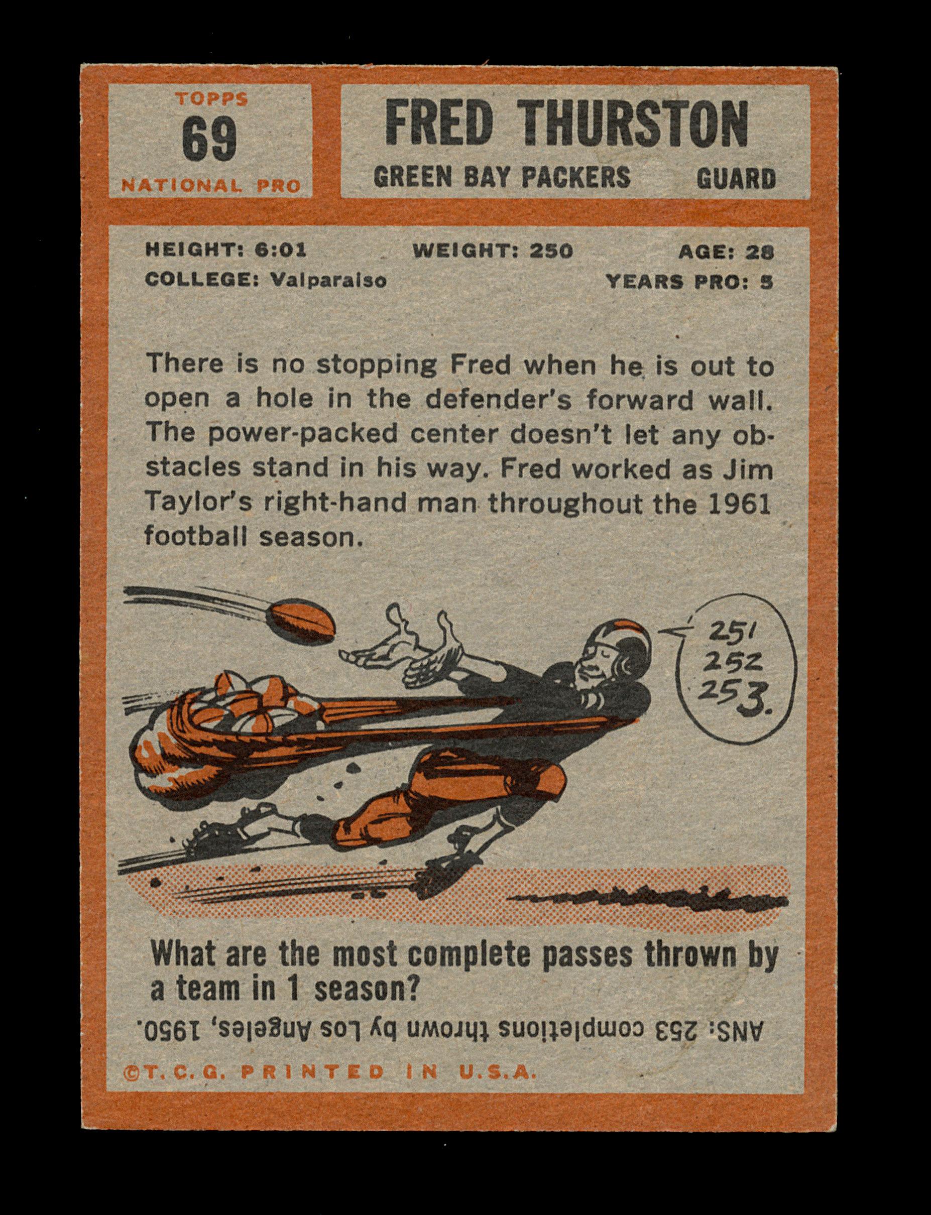 1962 Topps ROOKIE Football Card #69 Rookie Fred "Fuzzy" Thurston Green Bay