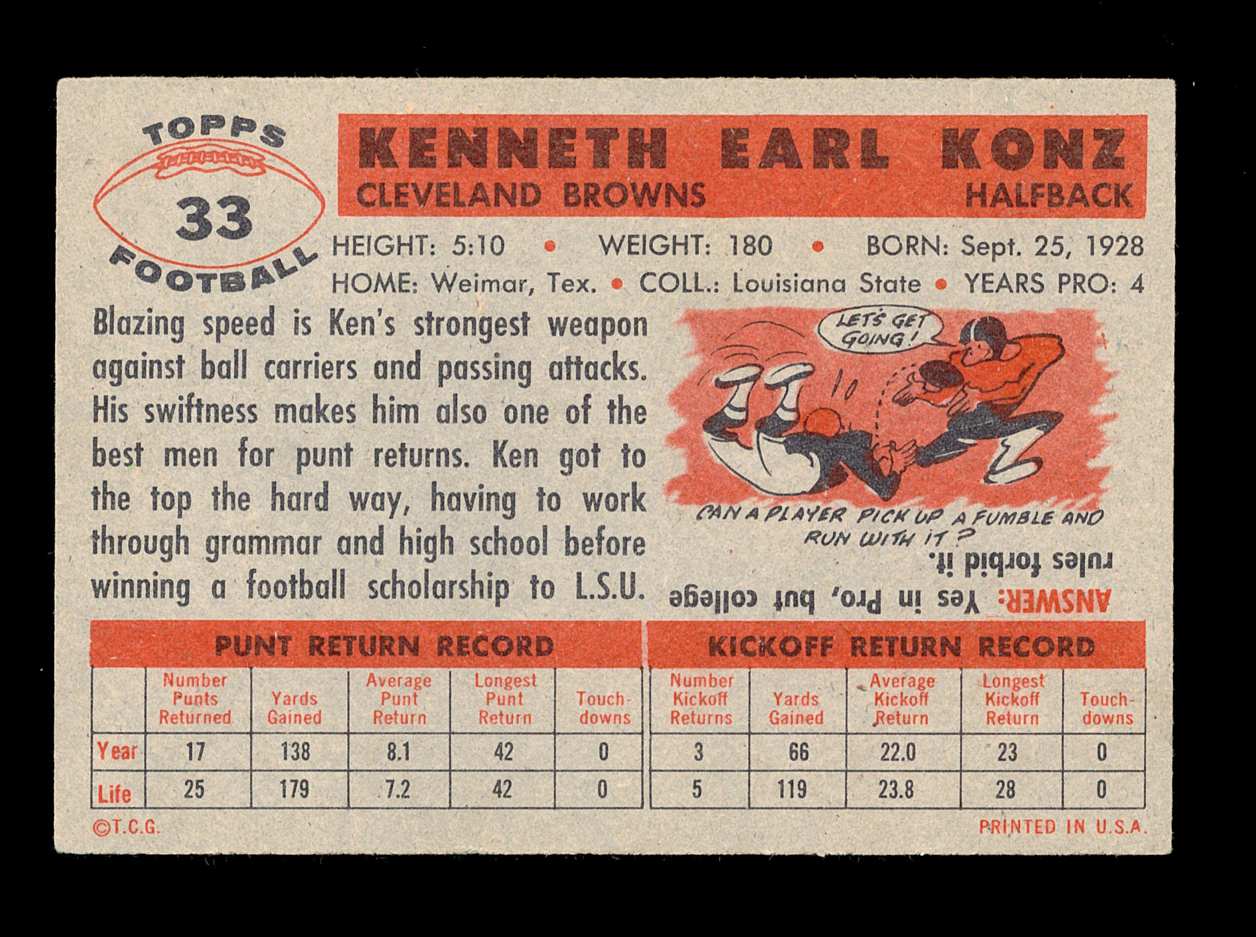 1956 Topps Football Card #33 Ken Konz Cleveland Browns