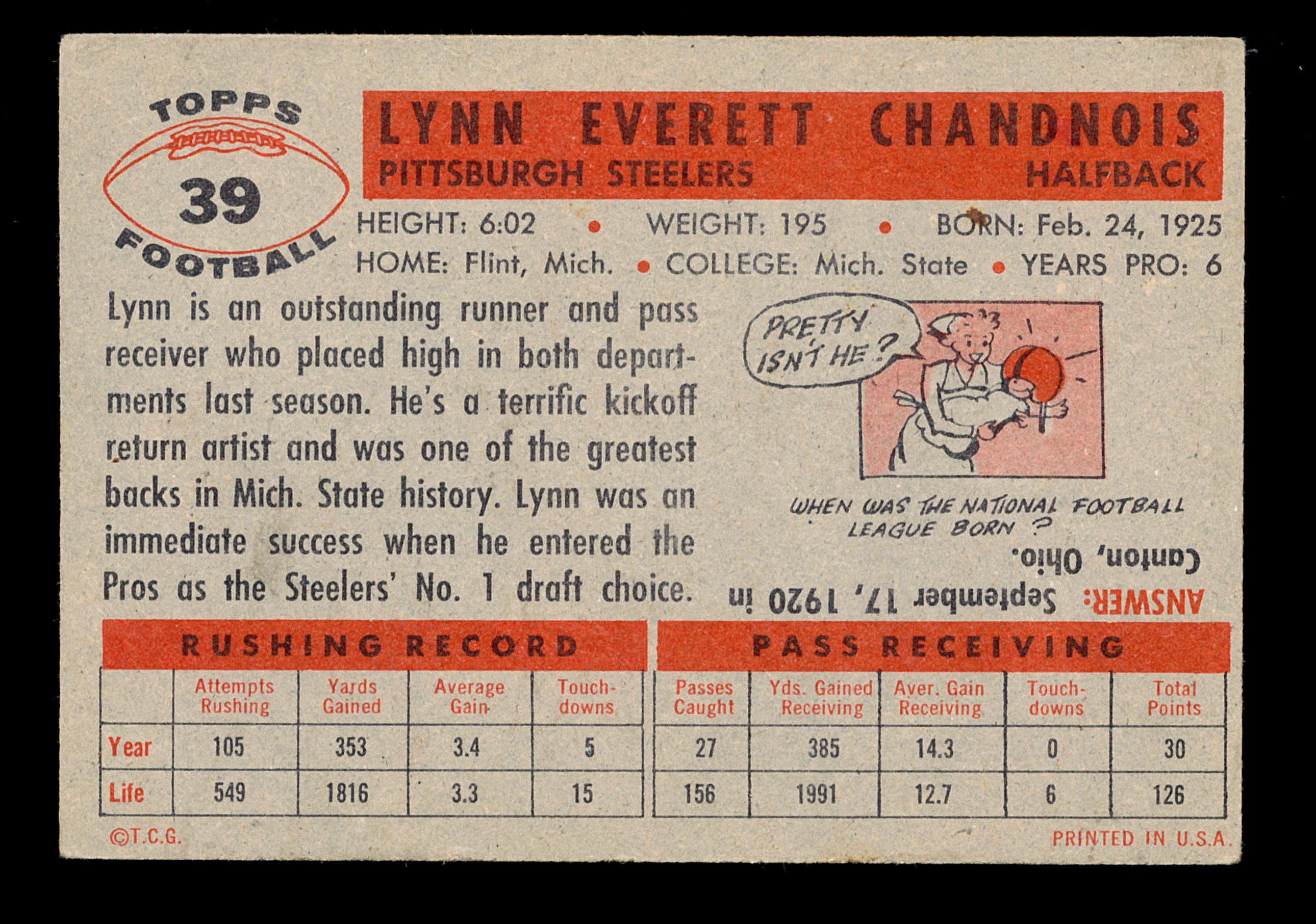 1956 Topps Football Card #39 Lynn Chandnois Pittsburgh Steelers