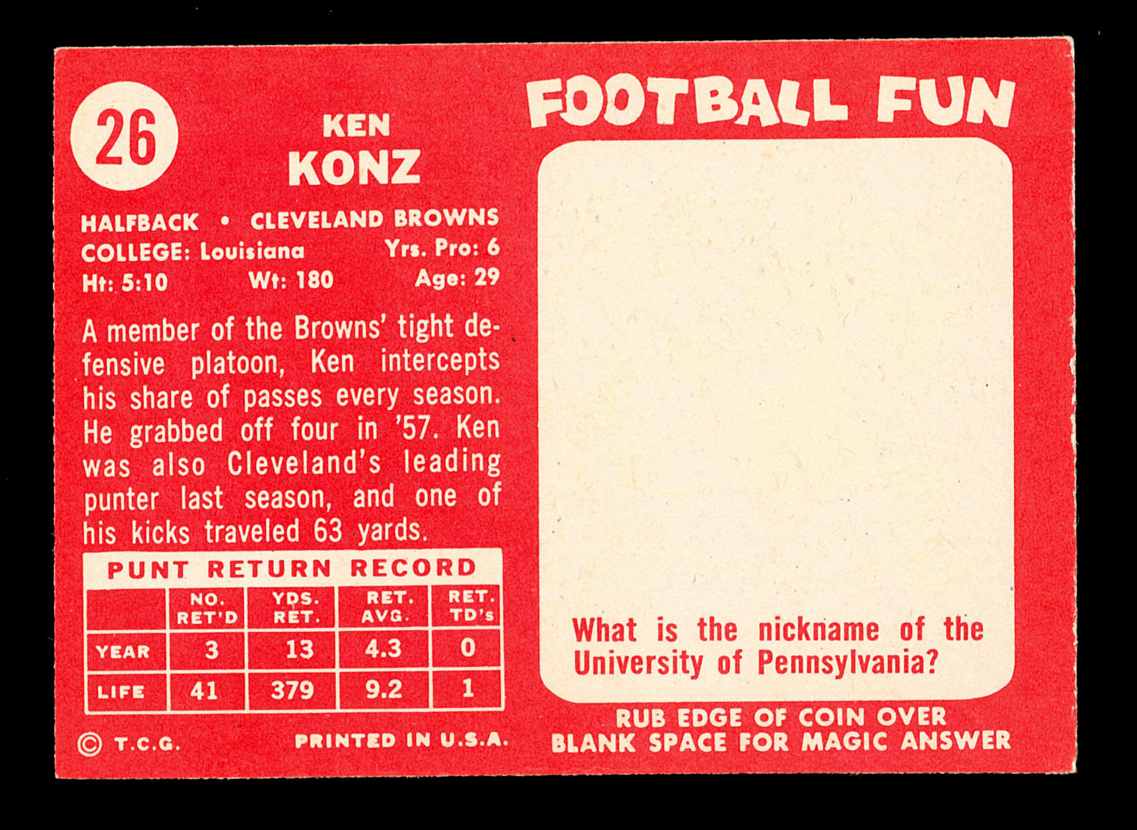 1958 Topps Football Card #26 Ken Konz Cleveland Browns