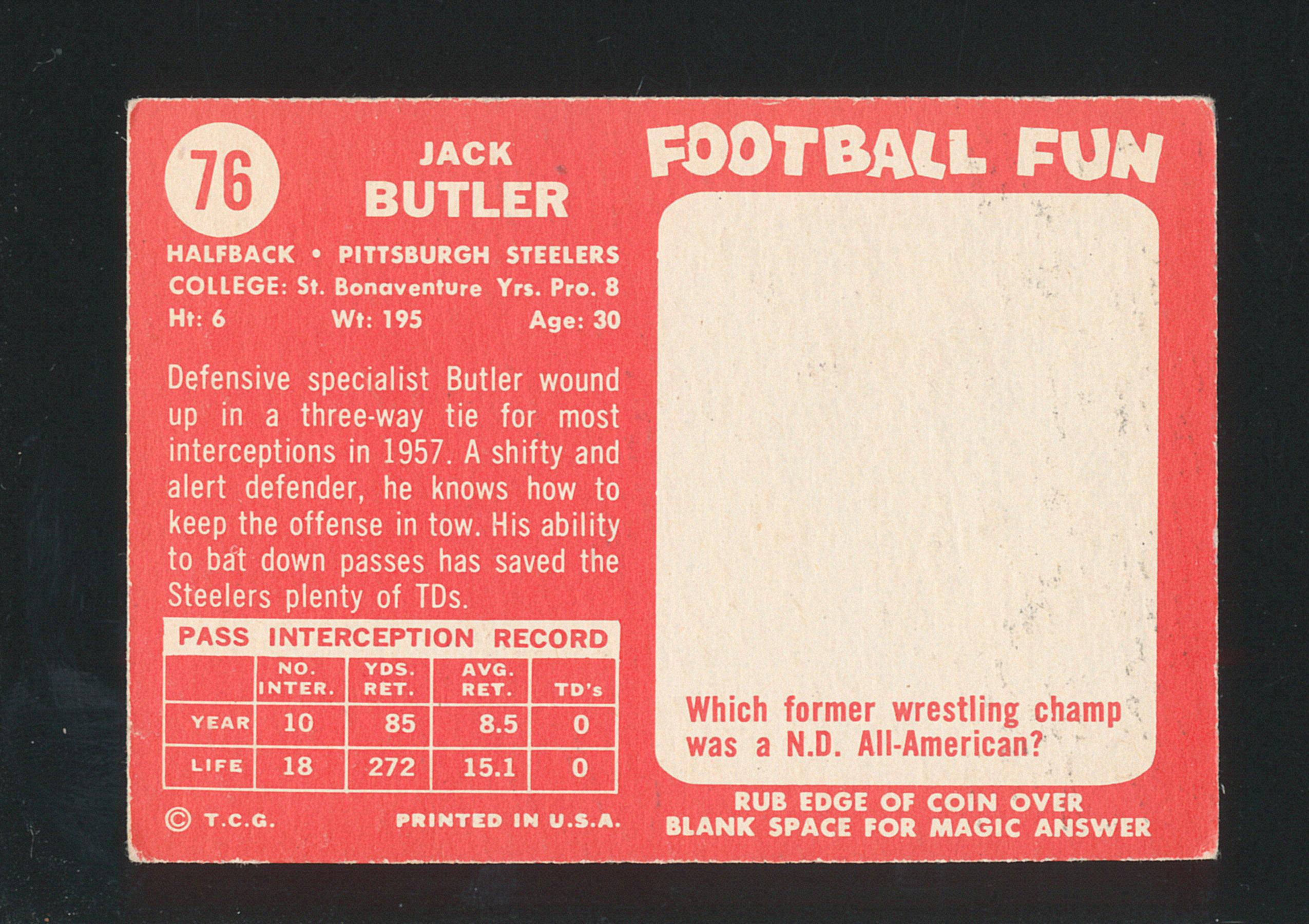 1958 Topps Football Card #76 Hall of Famer Jack Butler Pittsburgh Steelers