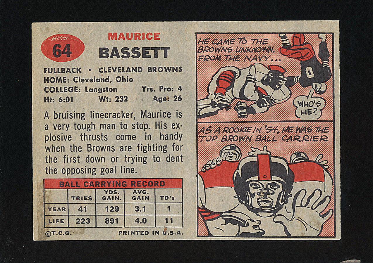 1957 Topps Football Card #64 Maurice Bassett Cleveland Browns (Small Revers