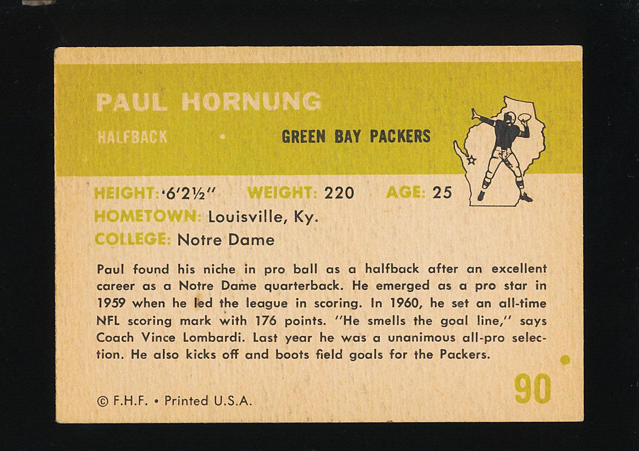 1961 Fleer Football Card #90 Hall of Famer Paul Hornung Green Bay Packers