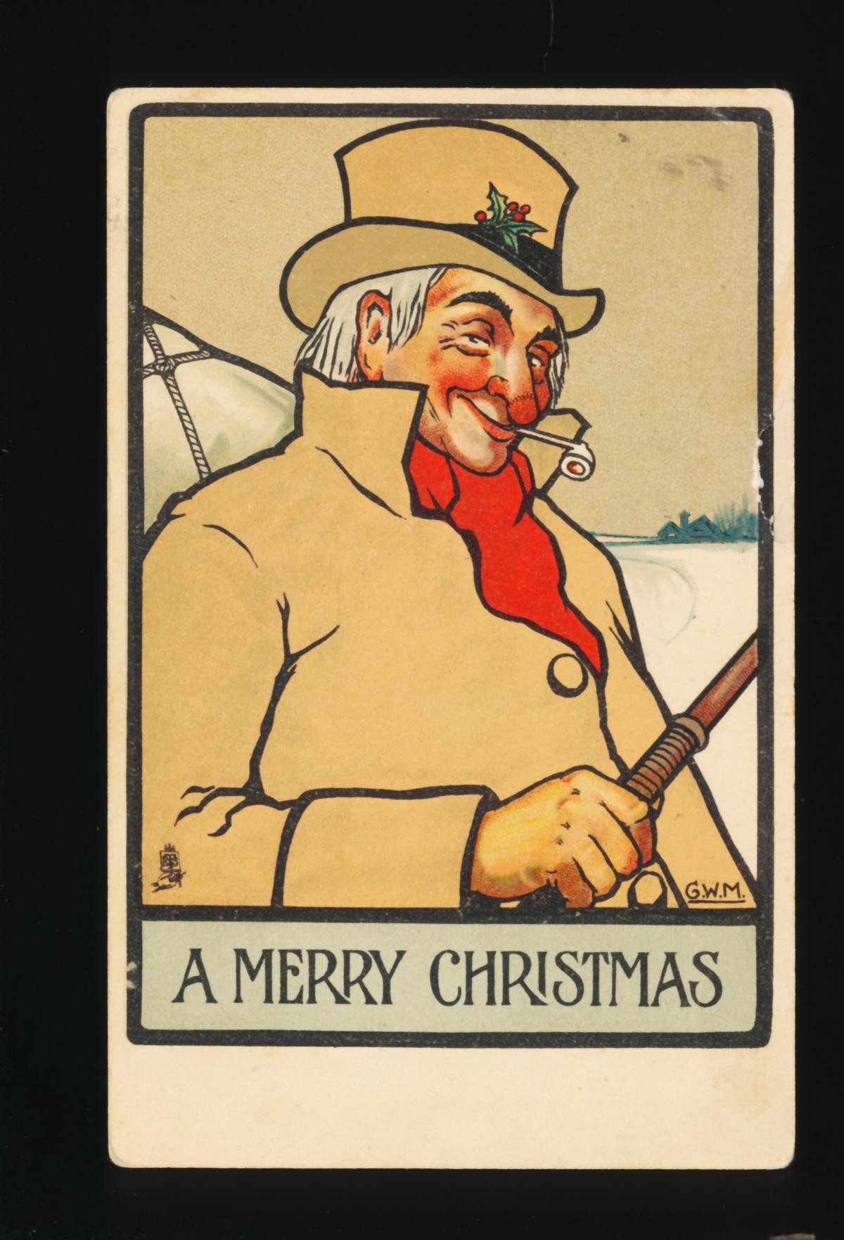 1901 A MERRY CHRISTMAS: with Well-Dressed Gent in Sleigh Seat with red chee