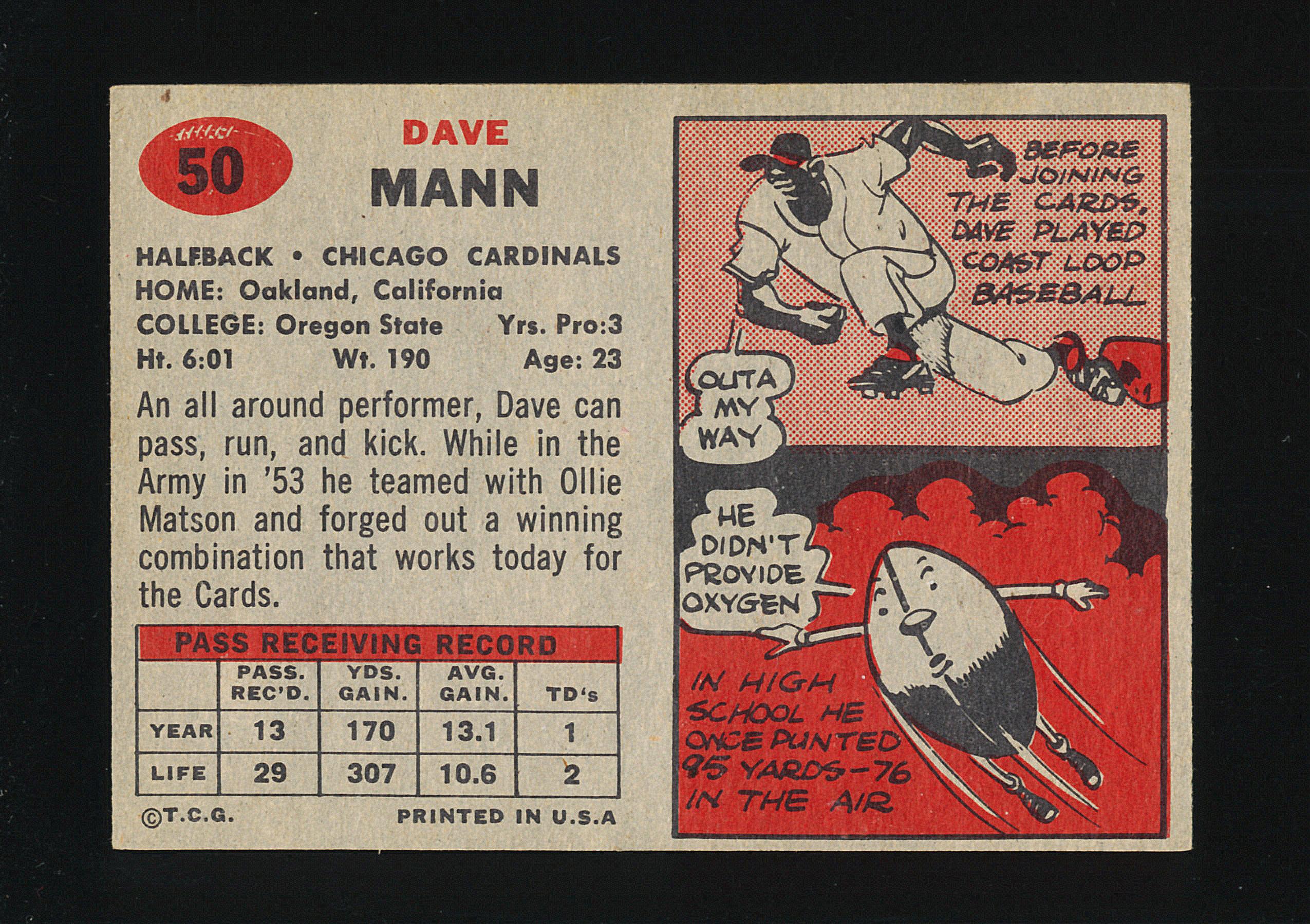 1957 Topps Football Card #50 Dave Mann Chicago Cardinals