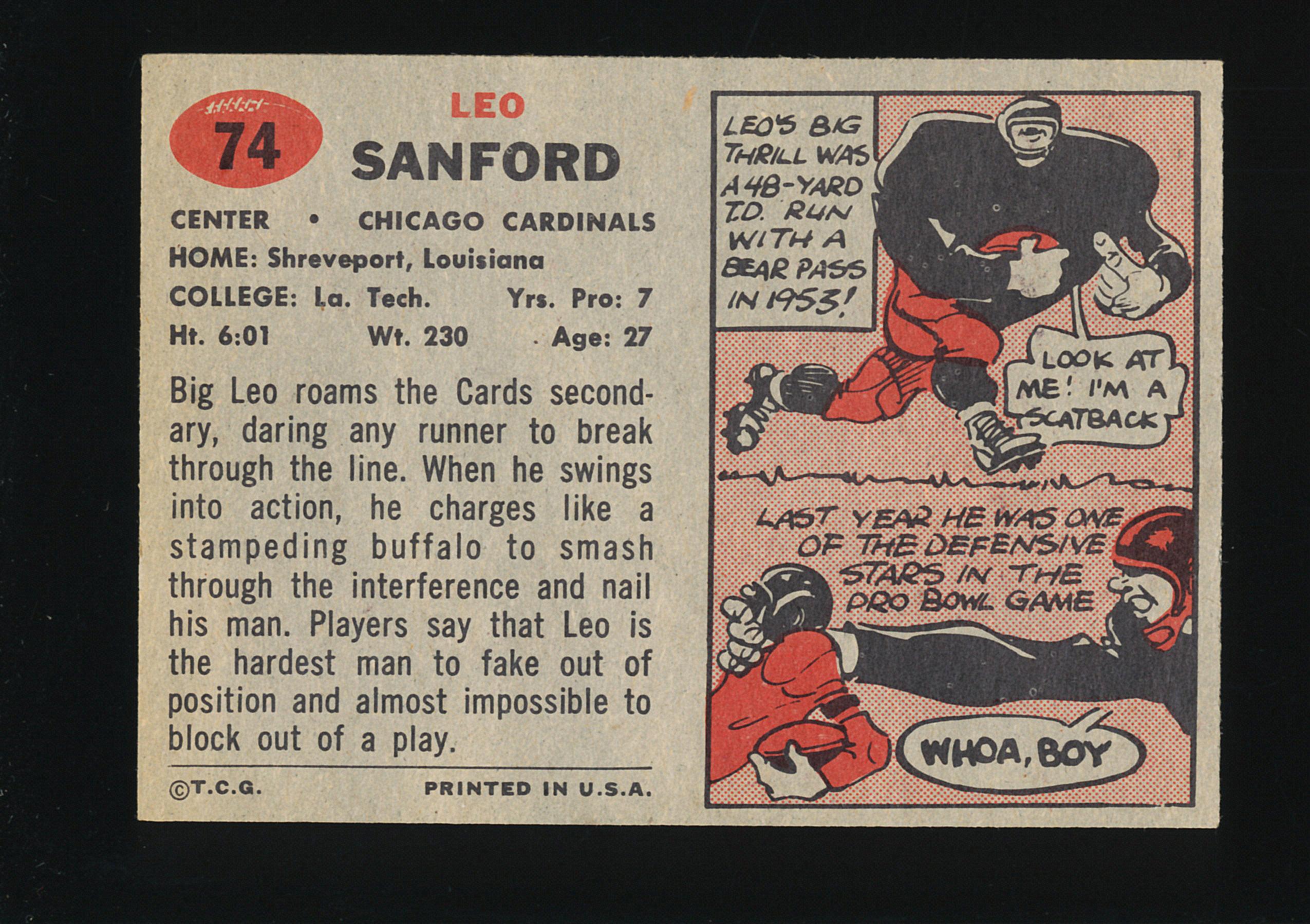 1957 Topps Football Card #74 Leo Sanford Chicago Cardinals