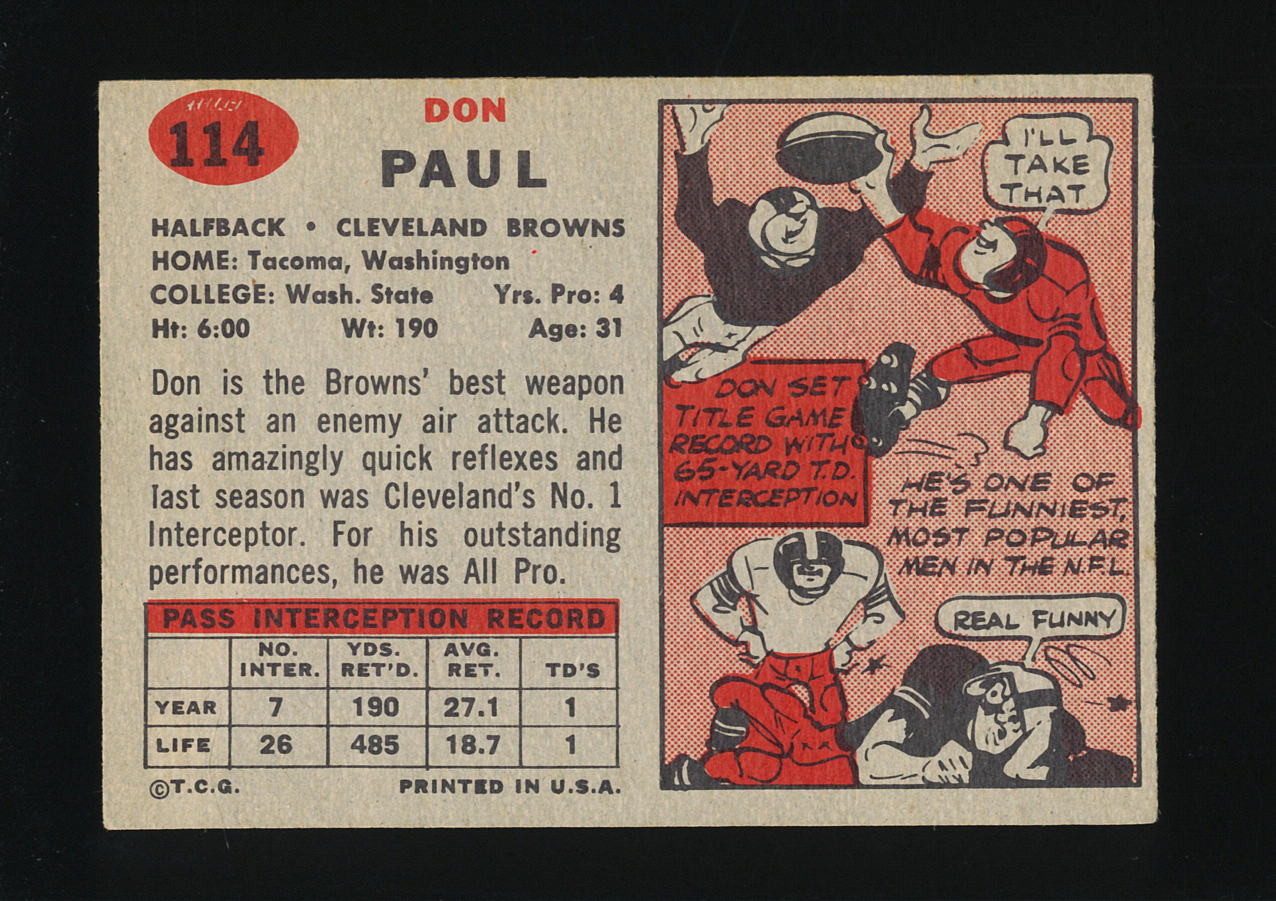 1957 Topps Football Card #114 Don Paul Cleveland Browns