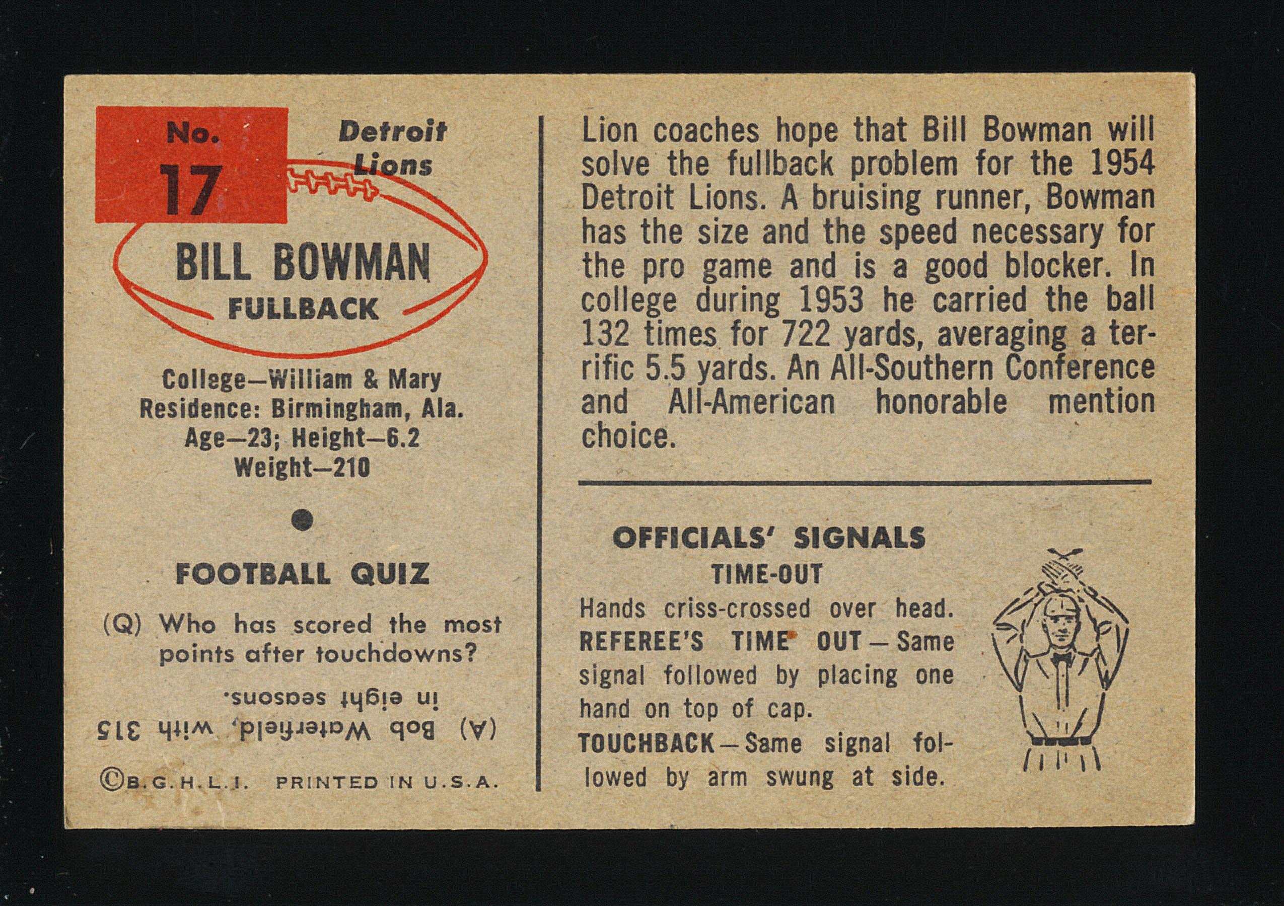 1954 Bowman Football Card #17 Bill Bowman Detroit Lions