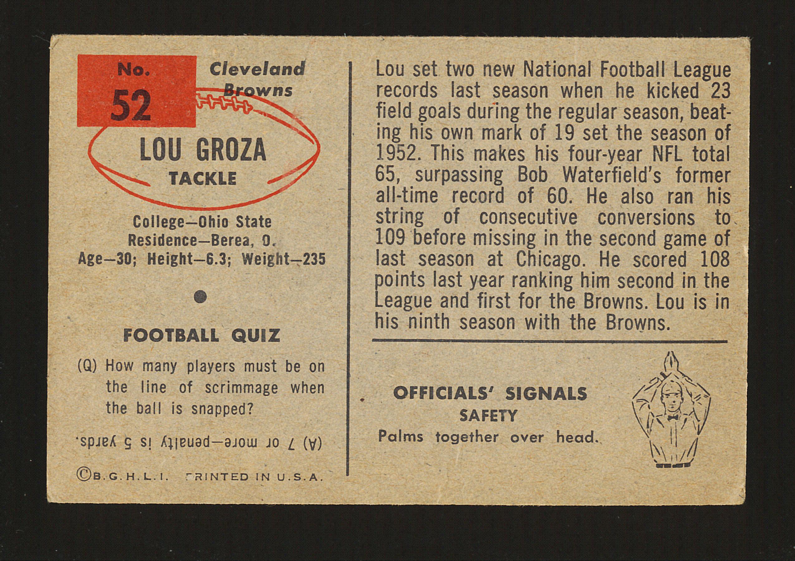 1954 Bowman Football Card #52 Hall of Famer Lou Groza Cleveland Browns