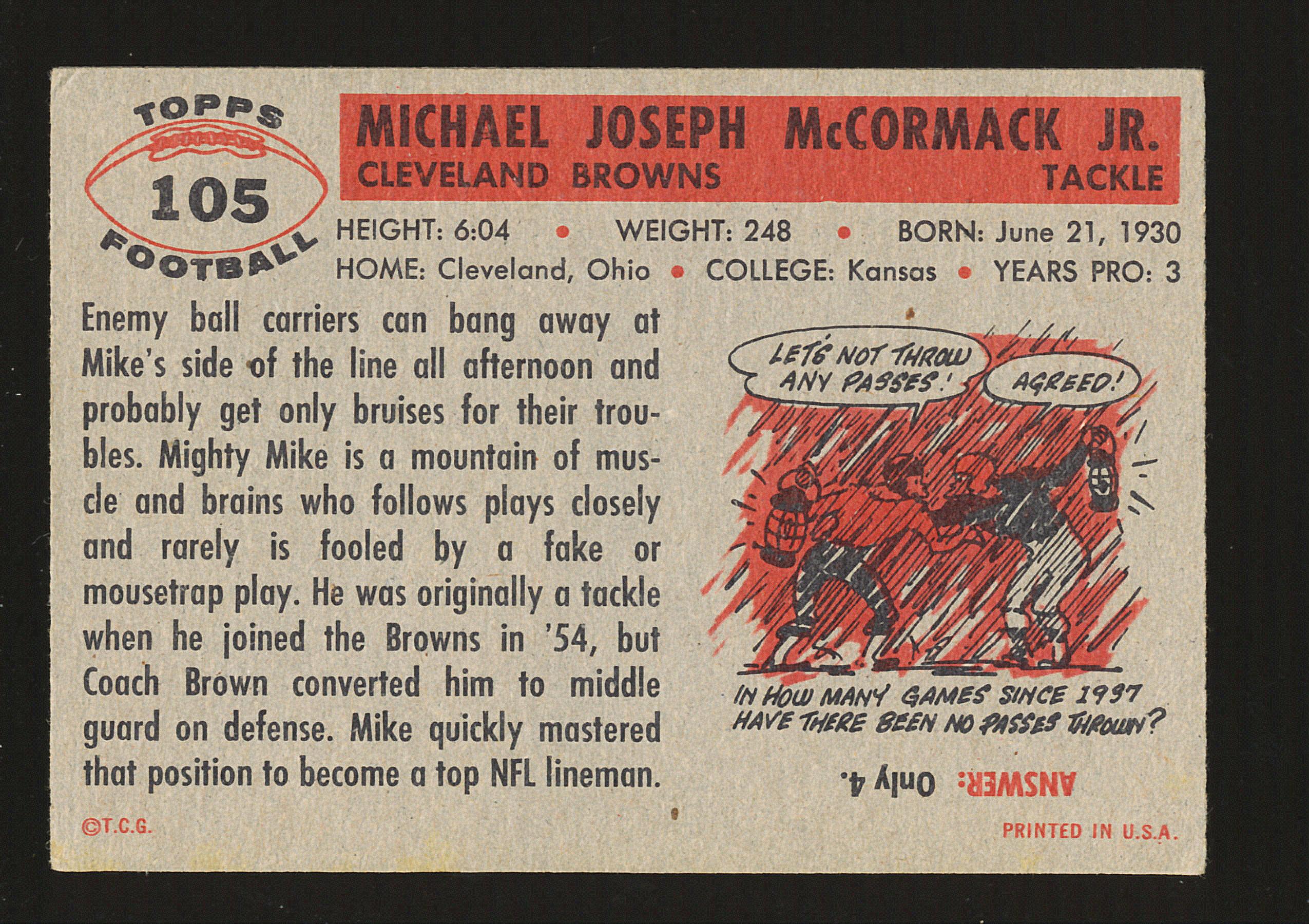 1956 Bowman Football Card #105 Hall of Famer Mike McCormick Cleveland Brown