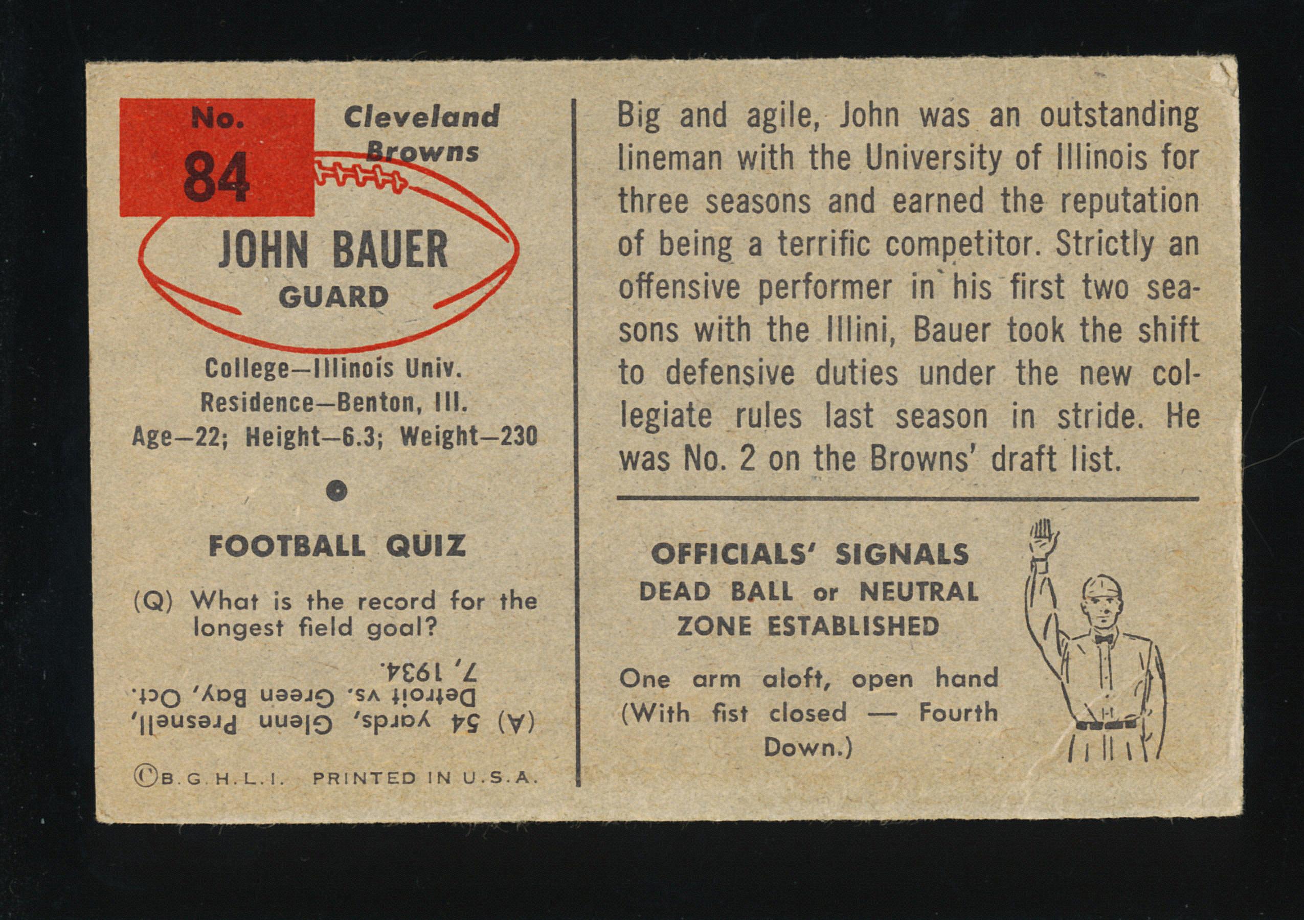 1954 Bowman Football Card #84 John Bauer Cleveland Browns