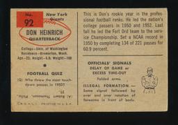 1954 Bowman ROOKIE Football Card #92 Rookie Don Heinrich New York Giants (S