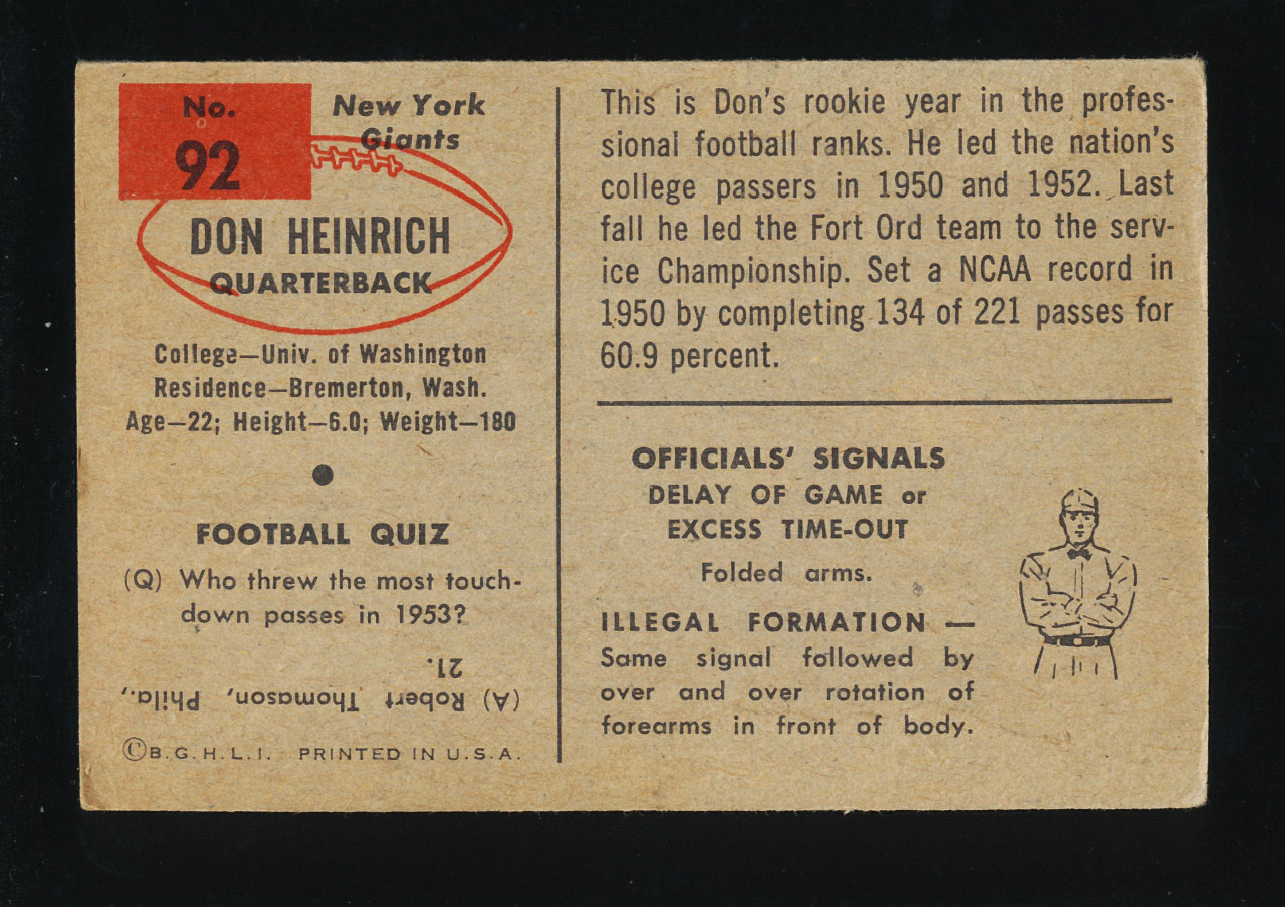 1954 Bowman ROOKIE Football Card #92 Rookie Don Heinrich New York Giants (S