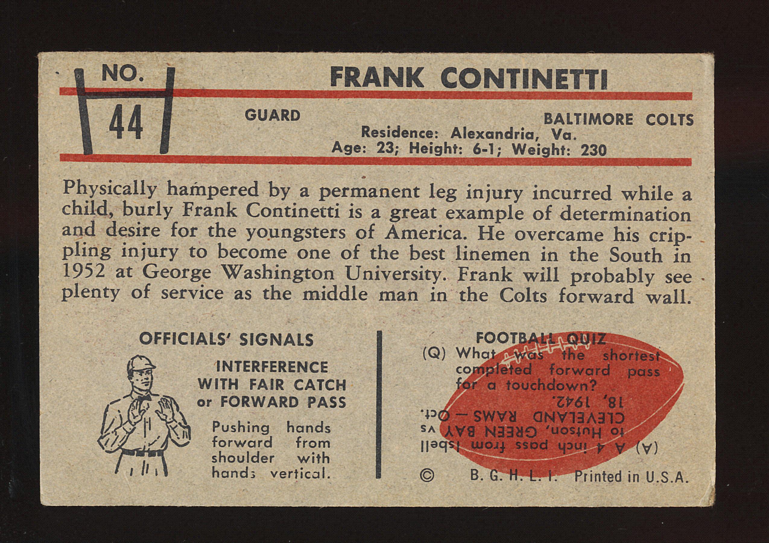 1953 Bowman Football Card #44 Frank Continetti Baltimore Colts (Scare Short