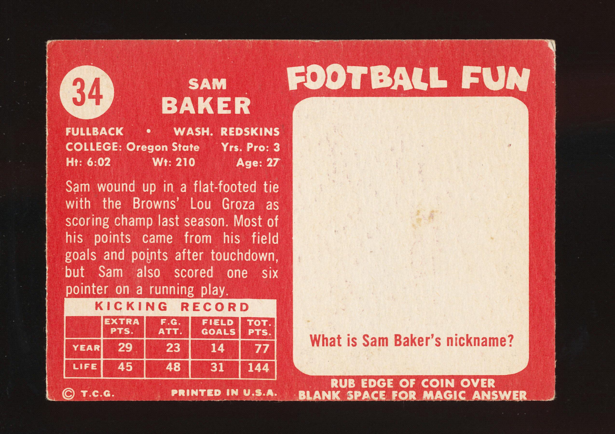 1958 Topps Football Card #34 Sam Baker Washington Redskins