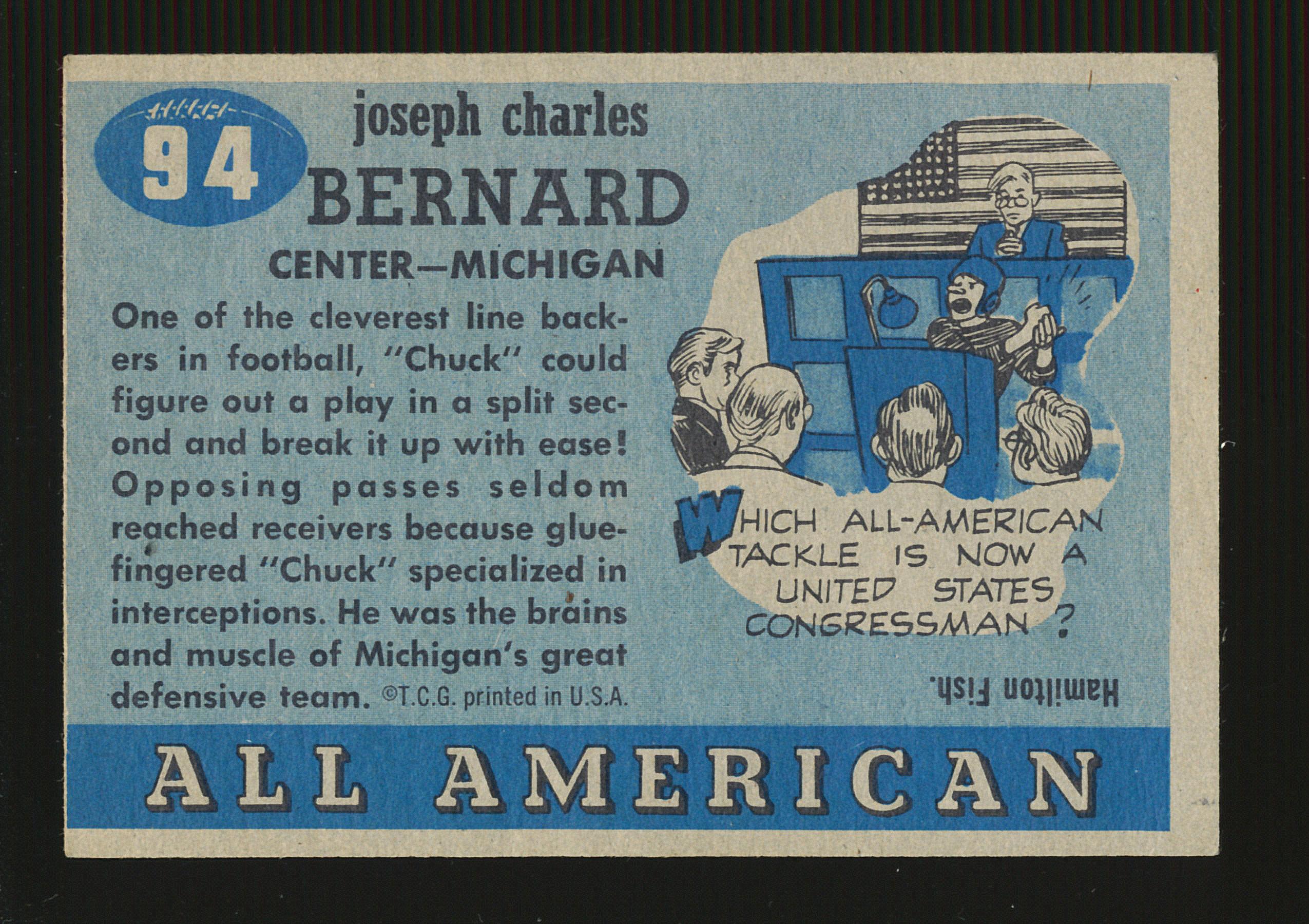 1955 Topps All American Football Card #94 Joe "Chuck" Benard Michigan