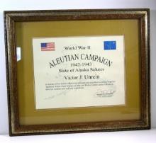 WWII State of Alaska Aleutian Camp Certificate.  Framed certificate issued