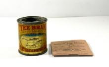 Antique Tyee Brand Salmon Egg Bait Can with Hooks.  Antique full tin can of