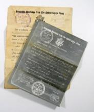 WWI Soldier's Discharge and Period Copy.  Both are double-sided with info.