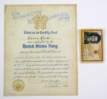 WWII USN Service Certificate to a Woman Along With Her ID.  Recognition Cer