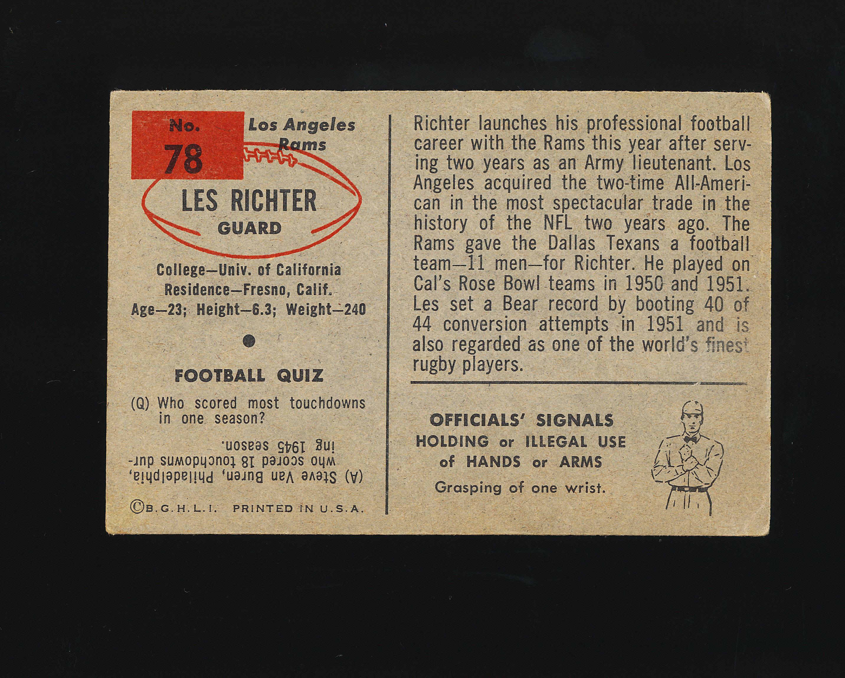 1954 Bowman Football Card #78 Hall of Famer Les Richter Los Angeles Rams. (