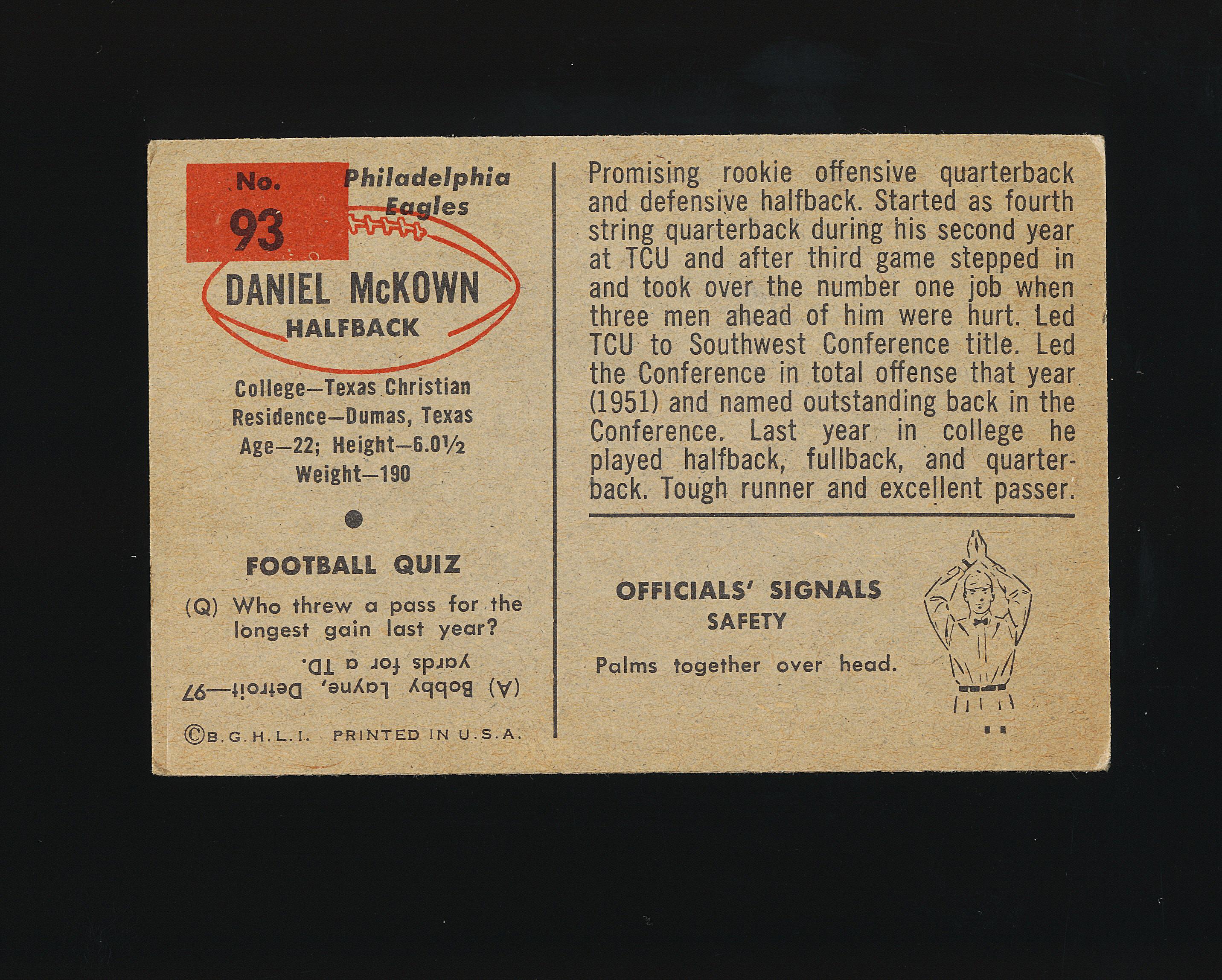 1954 Bowman ROOKIE Football Card #93 Rookie Daniel McKown Philadelphia Eagl