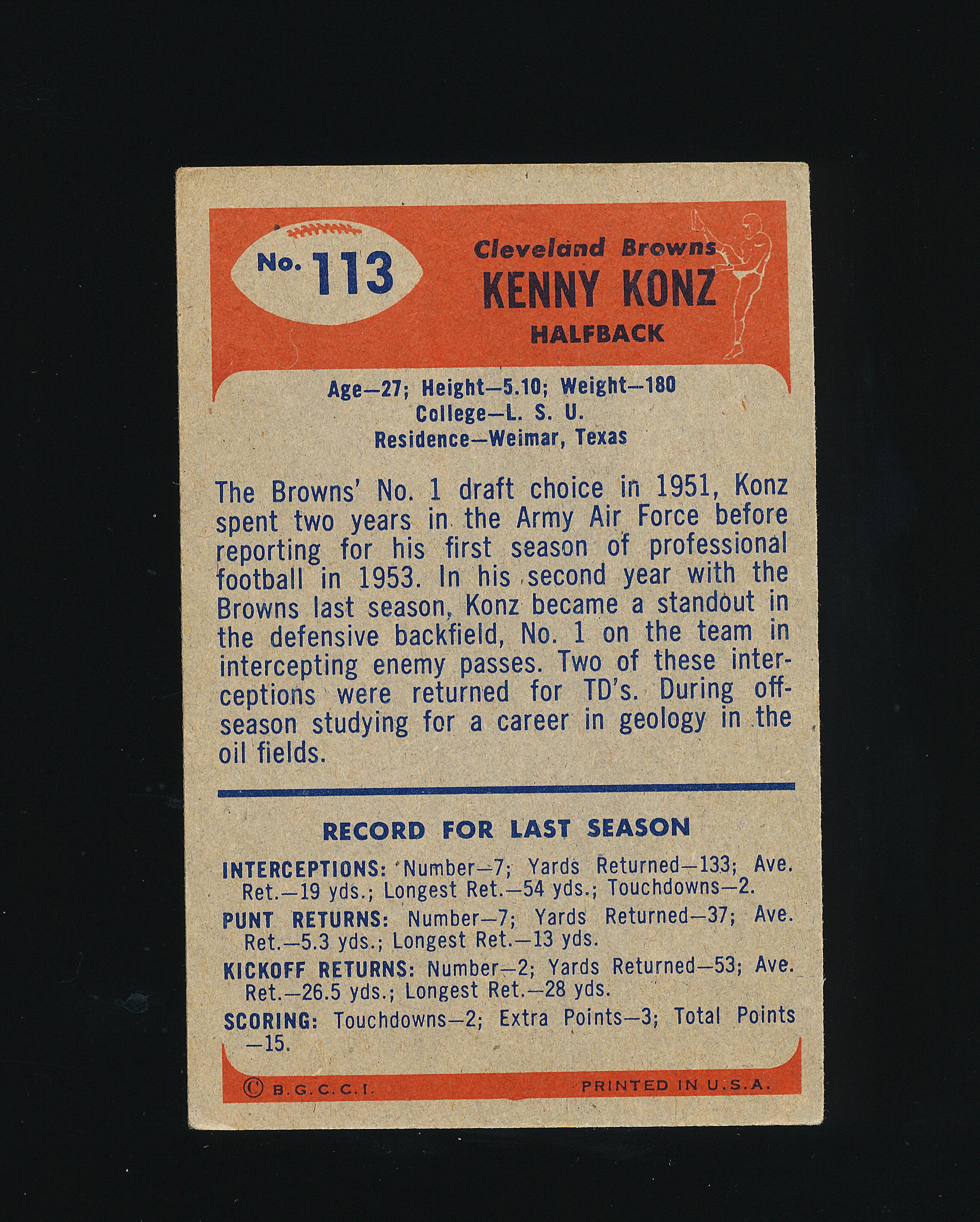 1955 Bowman ROOKIE Football Card #113 Rookie Kenny Konz Cleveland Browns