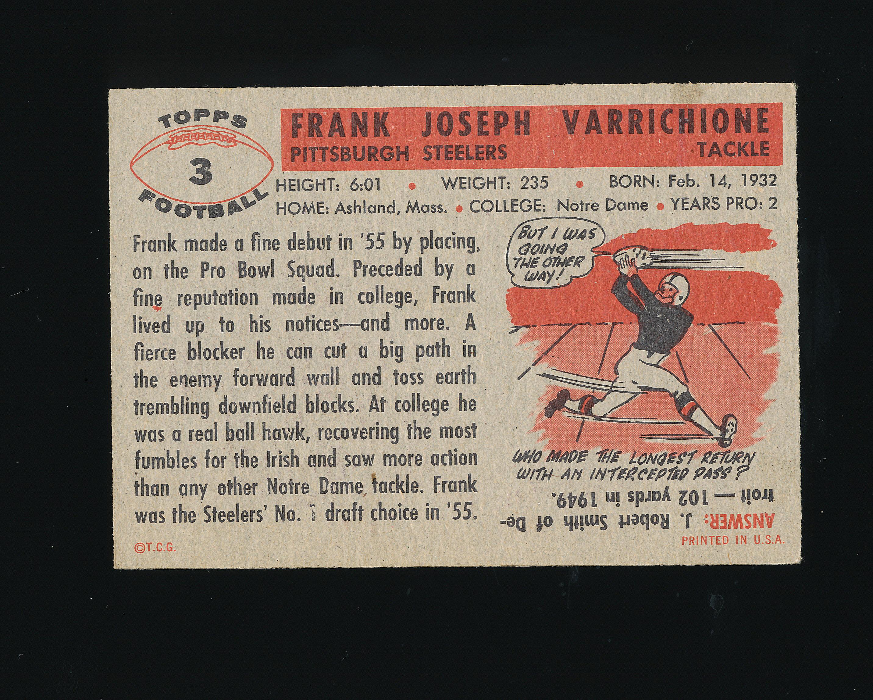 1956 Topps Football Card #3 Frank Joseph Varrichione Pittsburgh Steelers