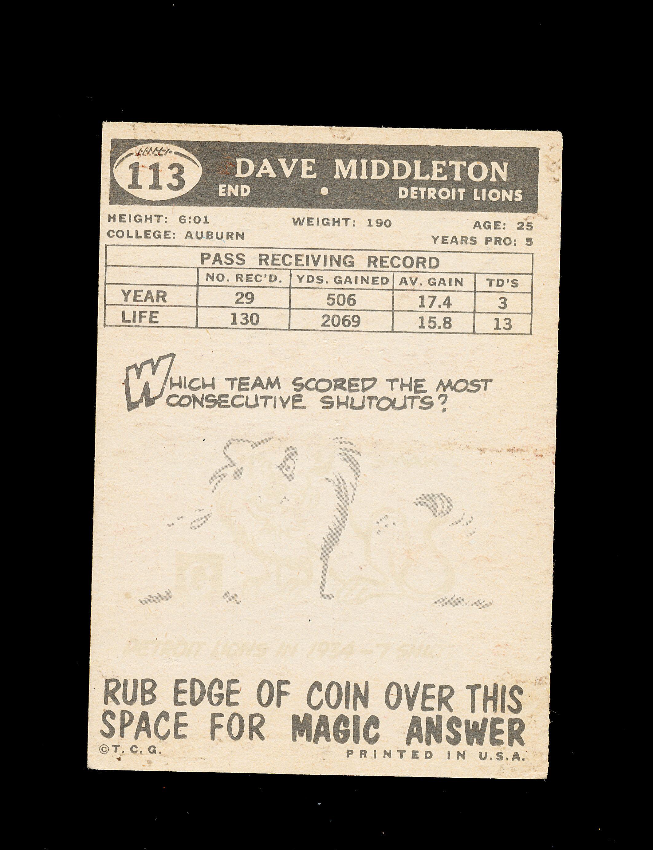 1959 Topps Football Card #113 Dave Middleton Detroit Lions