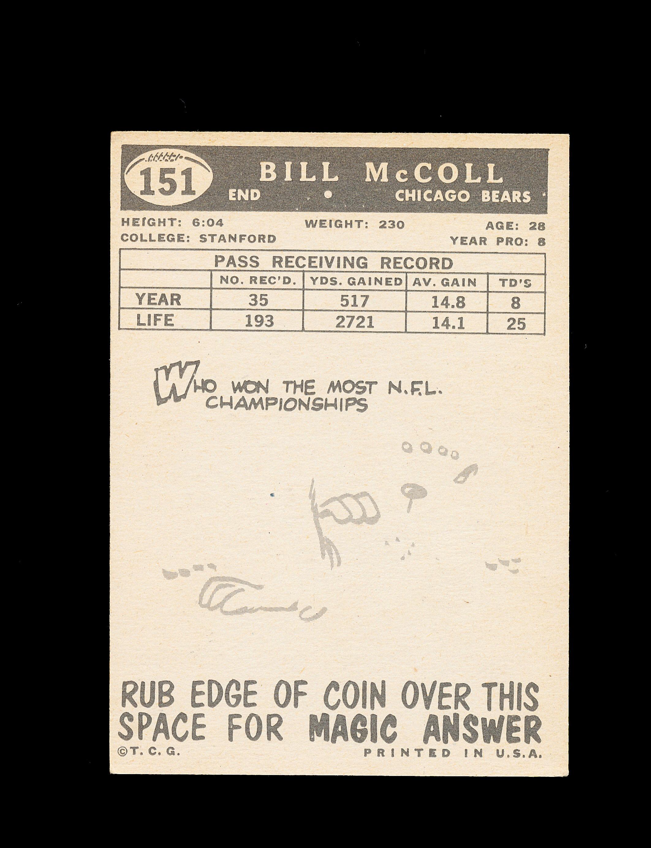1959 Topps Football Card #151 Bill McColl Chicago Bears