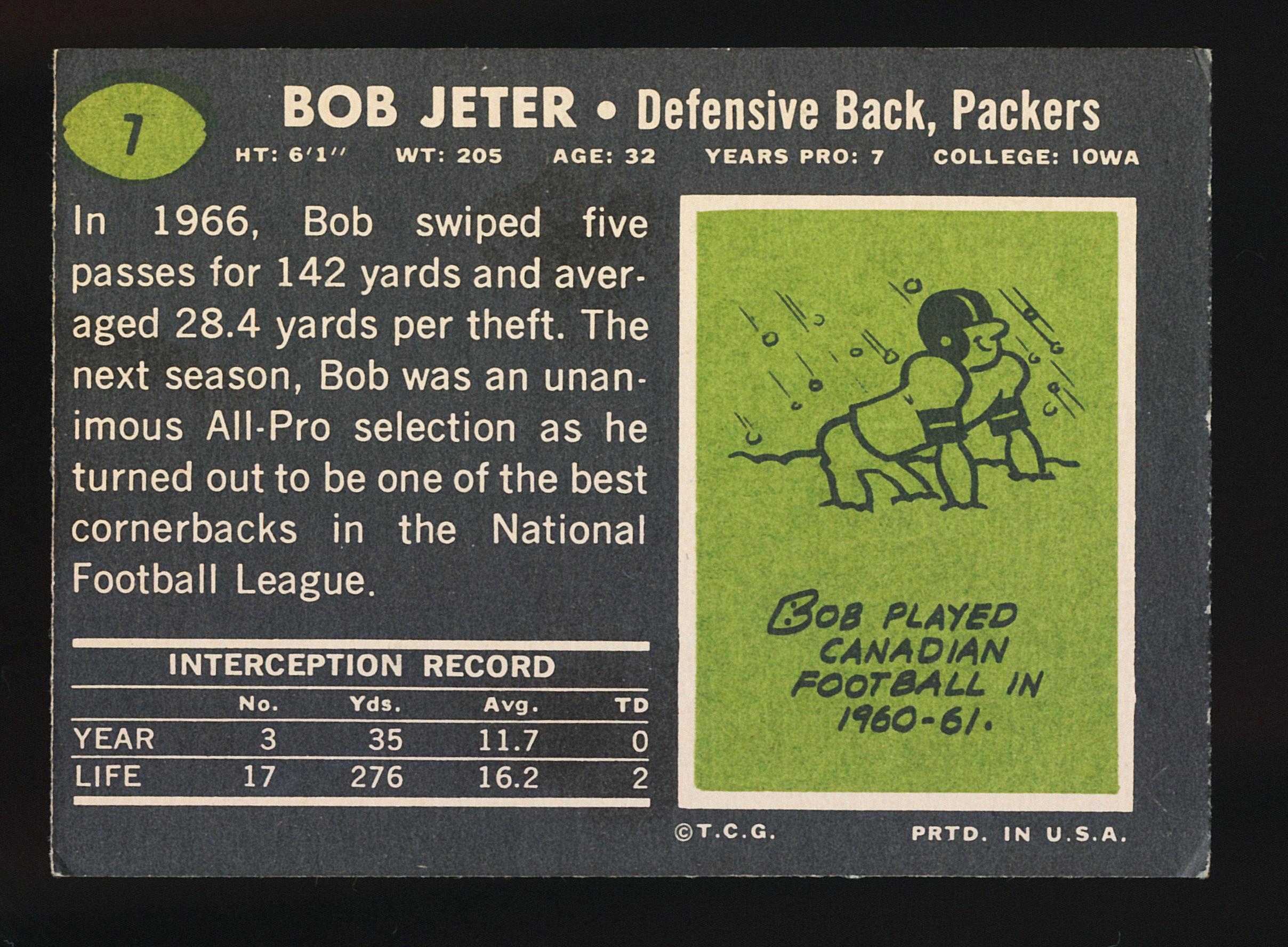 1969 Topps Football Card #7 Bob Jeter Green Bay Packers