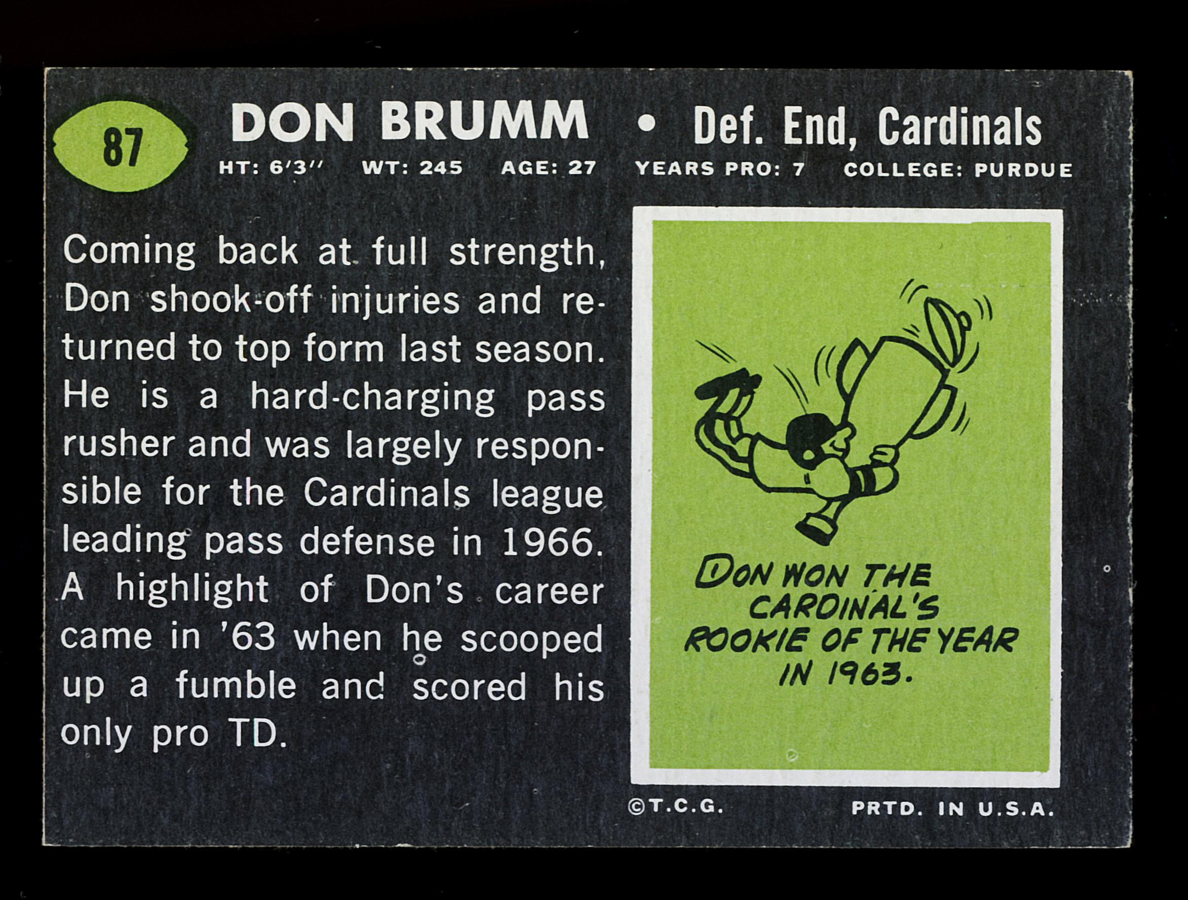 1969 Topps Football Card #87 Don Brumm St Louis Cardinals