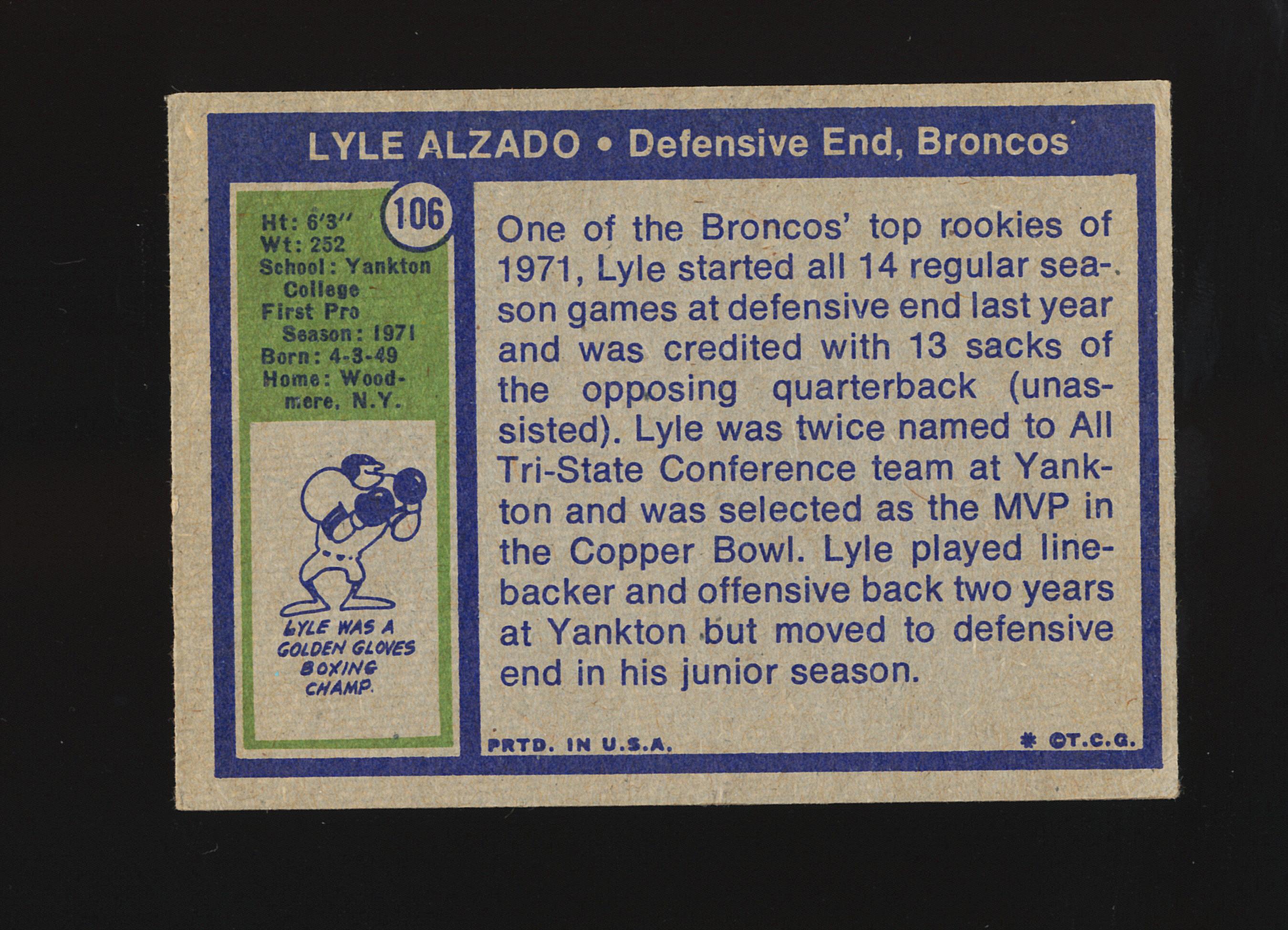 1972 Topps ROOKIE Football Card #106 Rookie Lyle Alzdo Denver Broncos