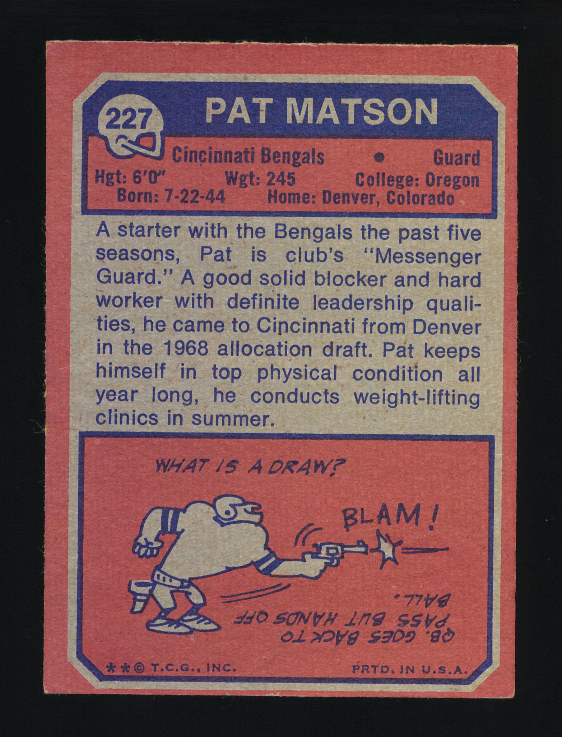 1973 Topps Football Card #227 Pat Matson Cincinnati Bengals