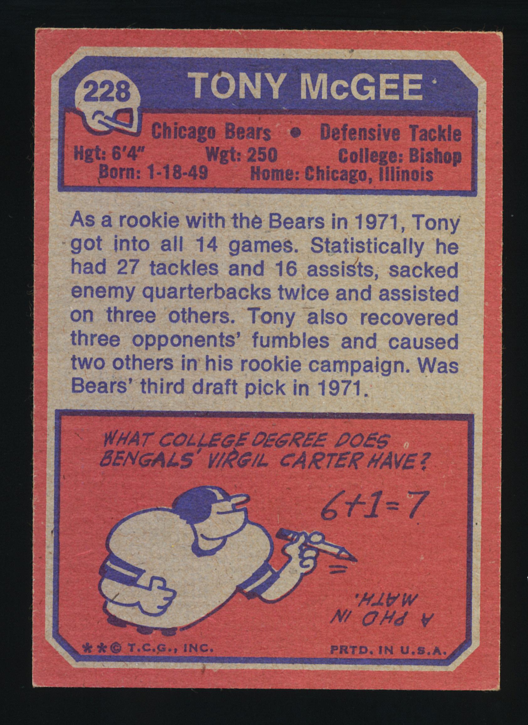 1973 Topps Football Card #228 Tony McGee Chicago Bears