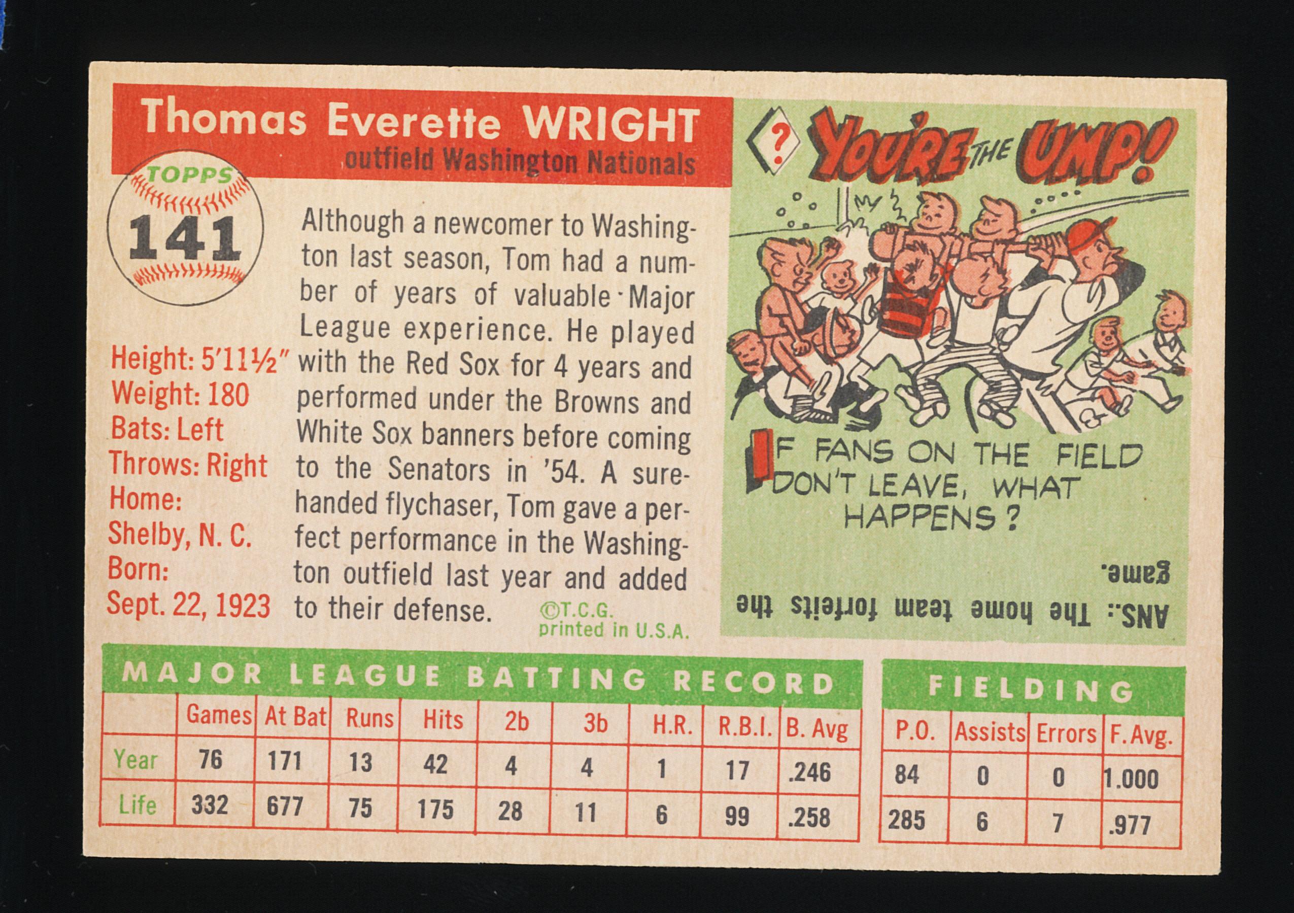 1955 Topps Baseball Card #141 Tom Wright Washington Senators